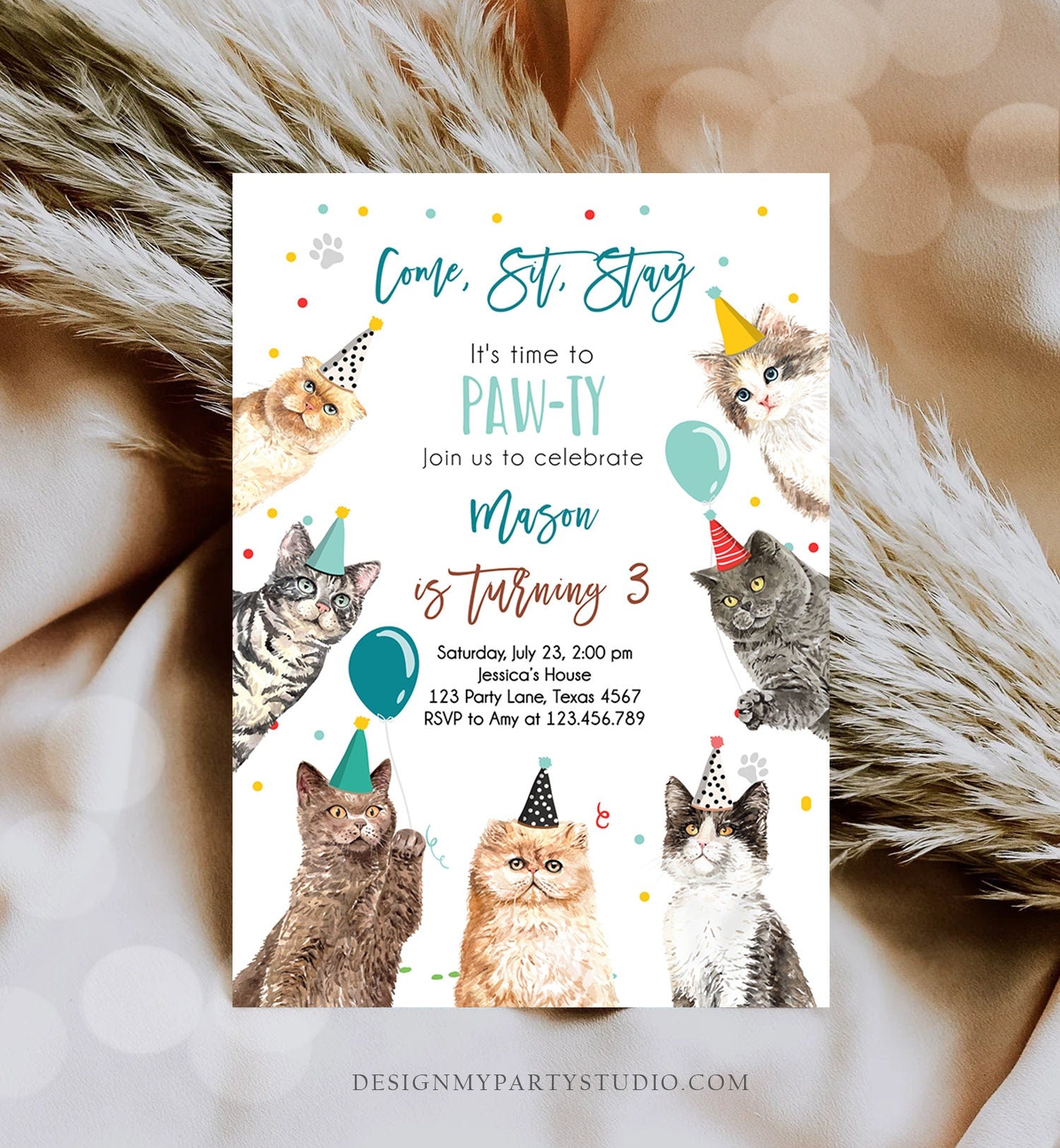 Editable Cat Birthday Party Invitation Kitten Birthday Invite Blue Boy Kitty Cat Pet Cute Digital Download Evite Template Printable 0384