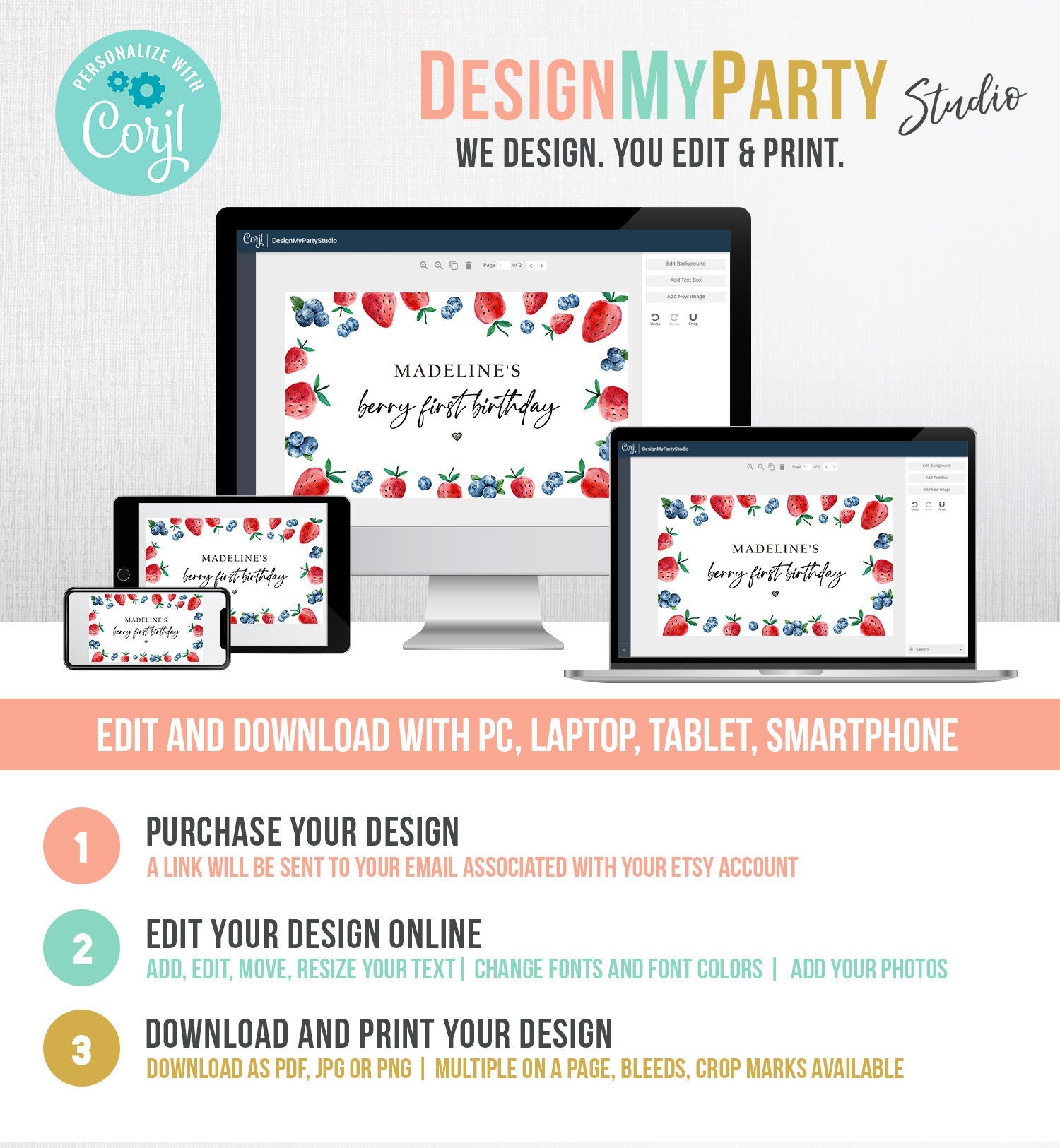 Editable Strawberry Blueberry Backdrop Banner Berry First Birthday Girl Strawberries Berry Sweet Digital Download Template Printable 0399