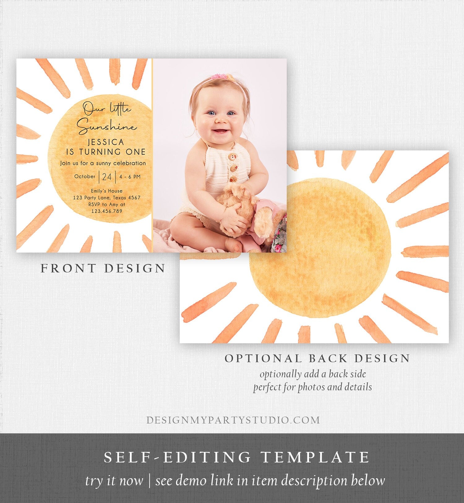 Editable Our Little Sunshine Birthday Invitation 1st Summer Sunshine Party Neutral Boho Digital Download Evite Template Printable 0431