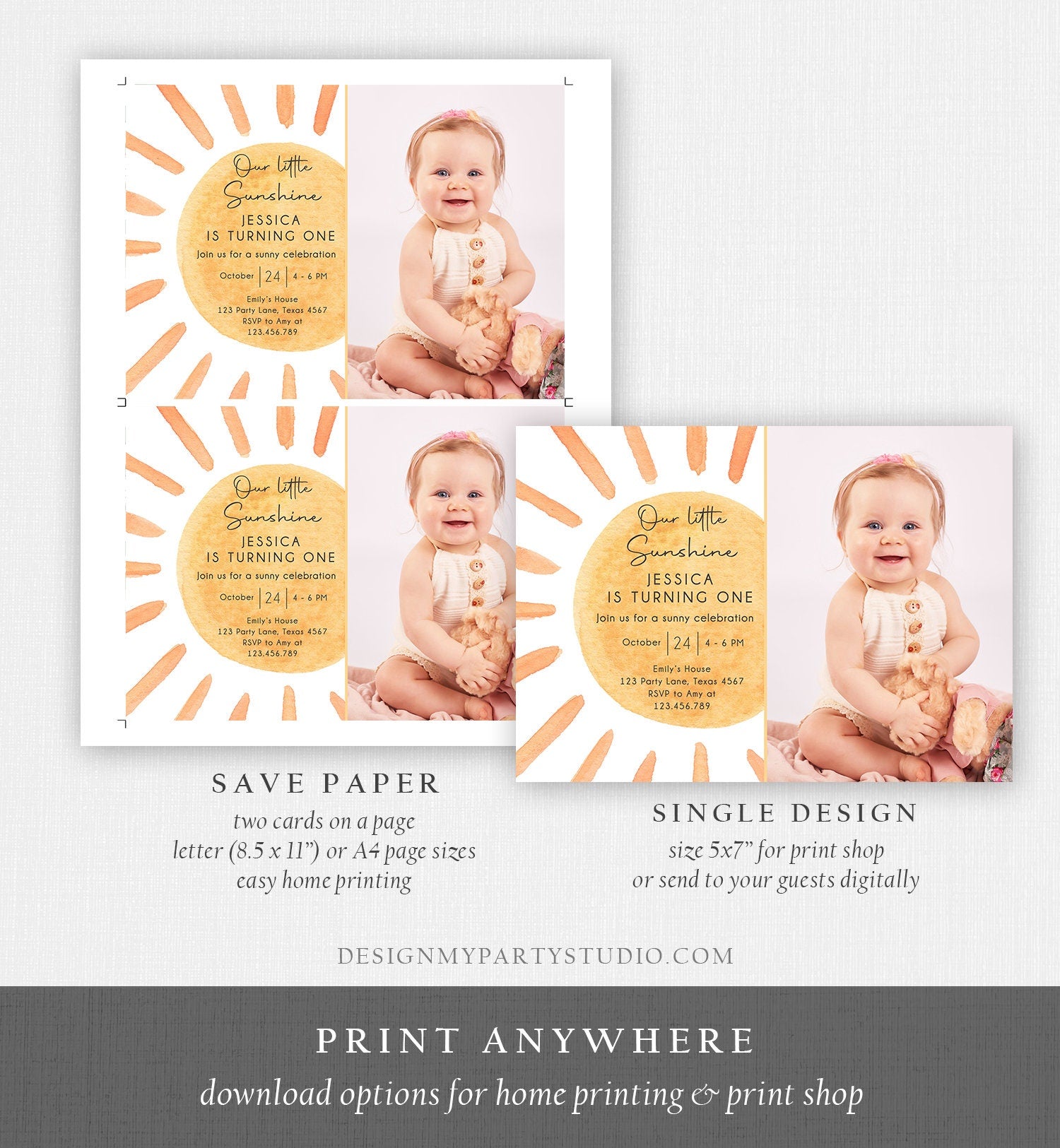 Editable Our Little Sunshine Birthday Invitation 1st Summer Sunshine Party Neutral Boho Digital Download Evite Template Printable 0431