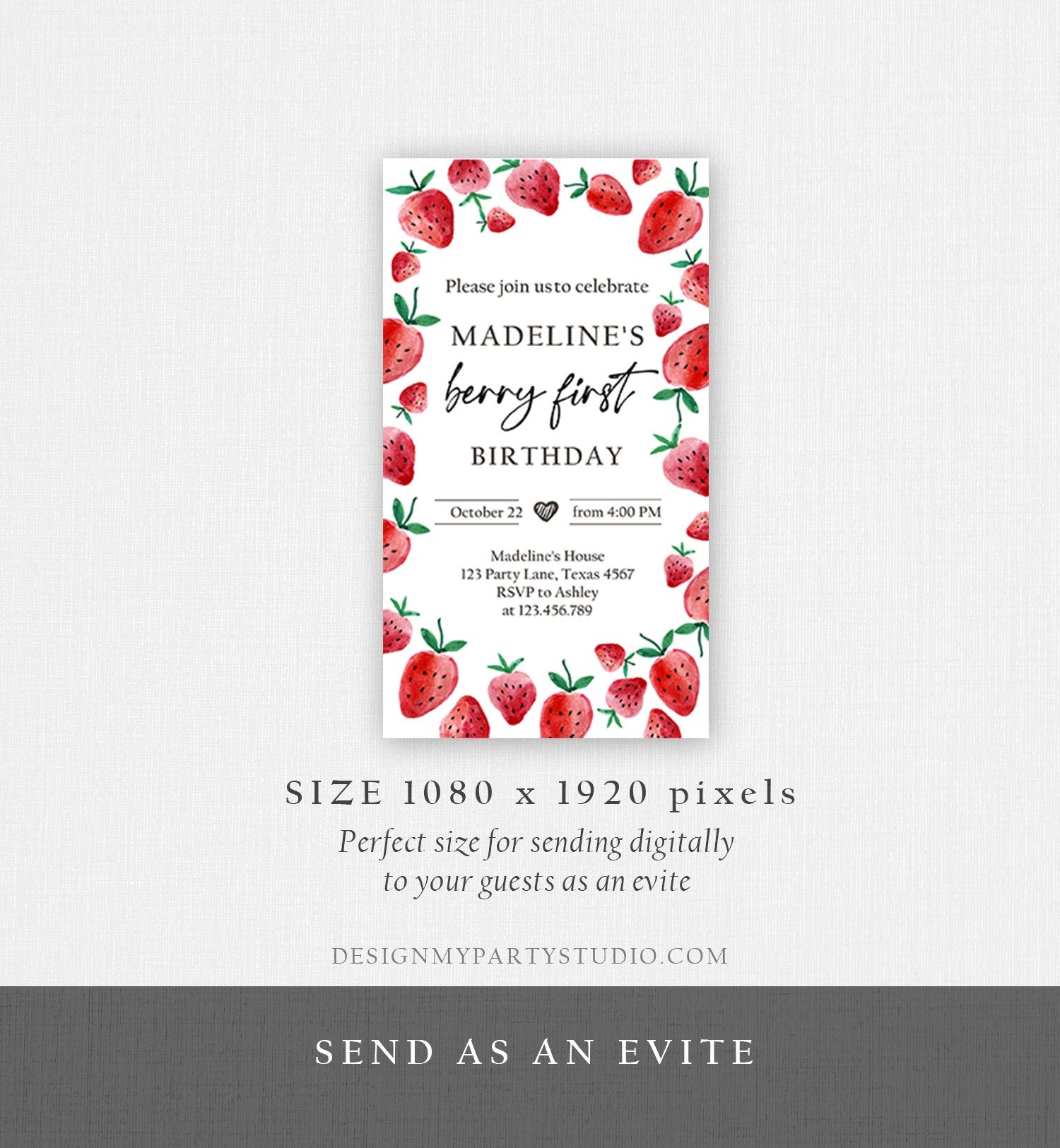 Editable Berry First Birthday Evite Electronic Strawberry Birthday Berry Sweet Strawberries 1st Digital Phone Template Digital Invite 0399