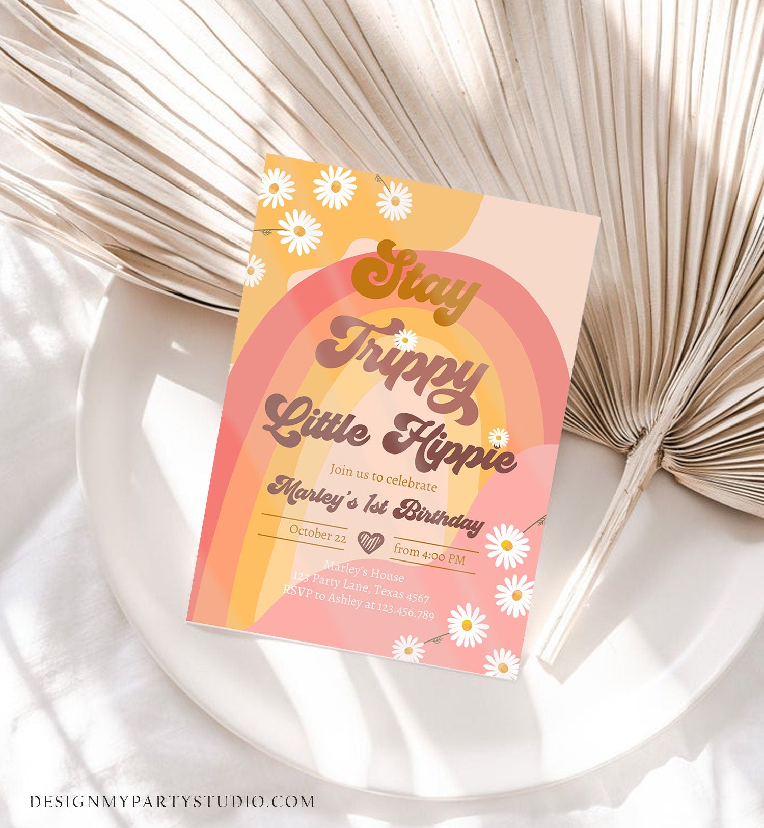 Editable Groovy Retro 1st Birthday Invitation First Birthday Retro Stay Trippy Little Hippie Download Printable Template Corjl Digital 0428