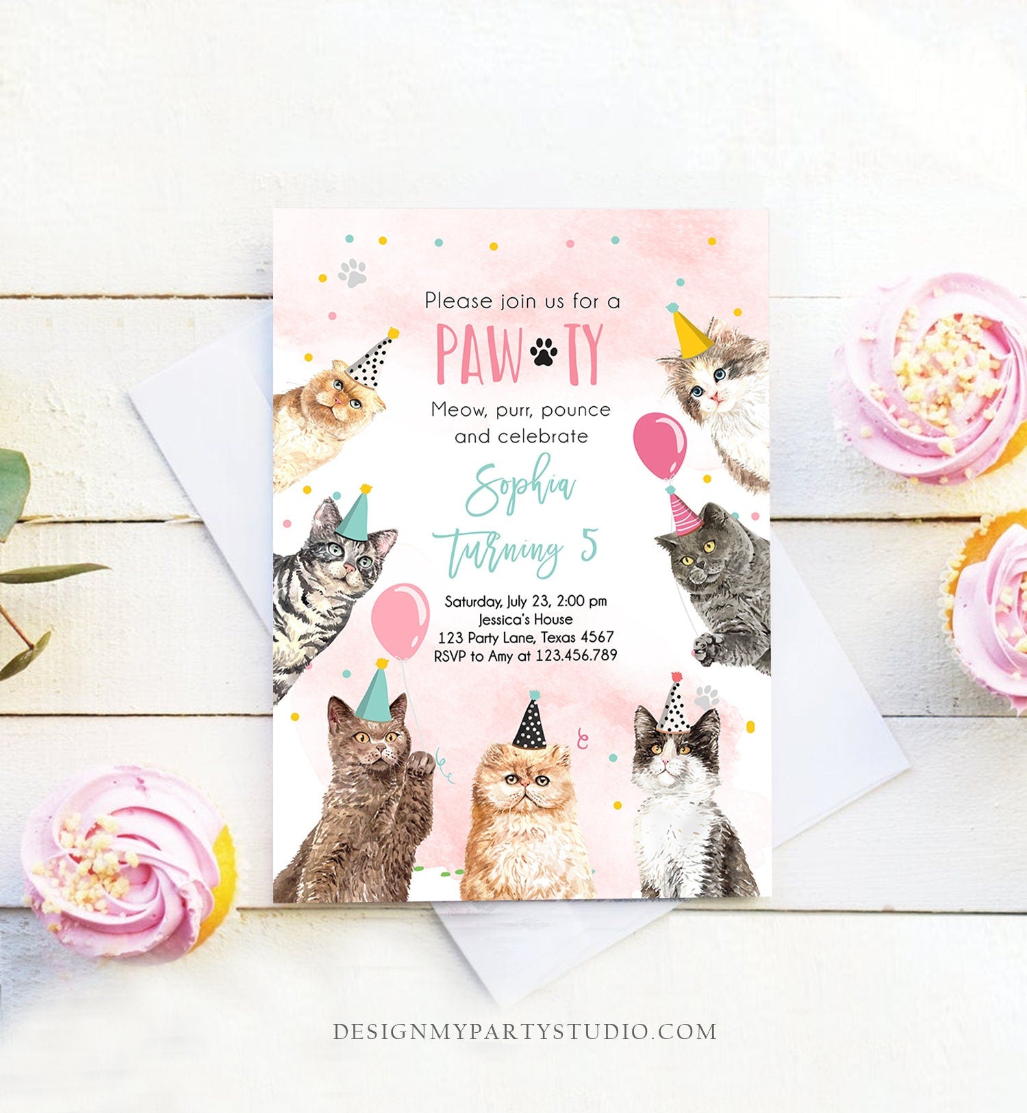 Editable Cat Birthday Party Invitation Kitten Birthday Invite Pink Girl Kitty Cat Invitation Pet Cute Download Printable Template Corjl 0384