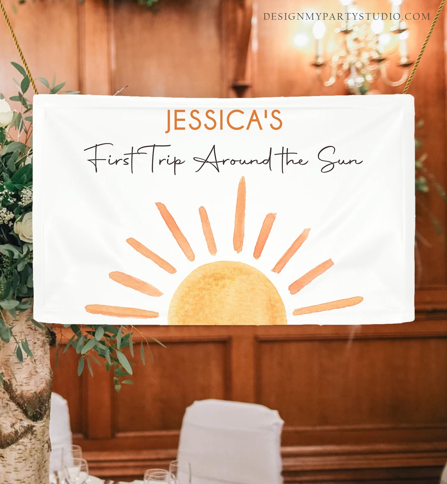 Editable Sunshine Backdrop Banner Boho Sun Birthday First Trip Around the Sun 1st Birthday Little Digital Download Template Printable 0431