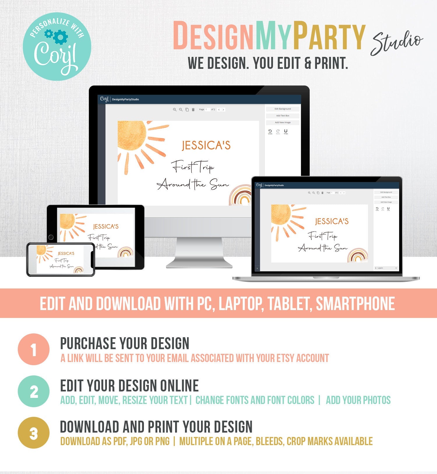 Editable Sun Backdrop Banner Boho Sun Birthday First Trip Around the Sun Birthday Little Sunshine Digital Download Template Printable 0431