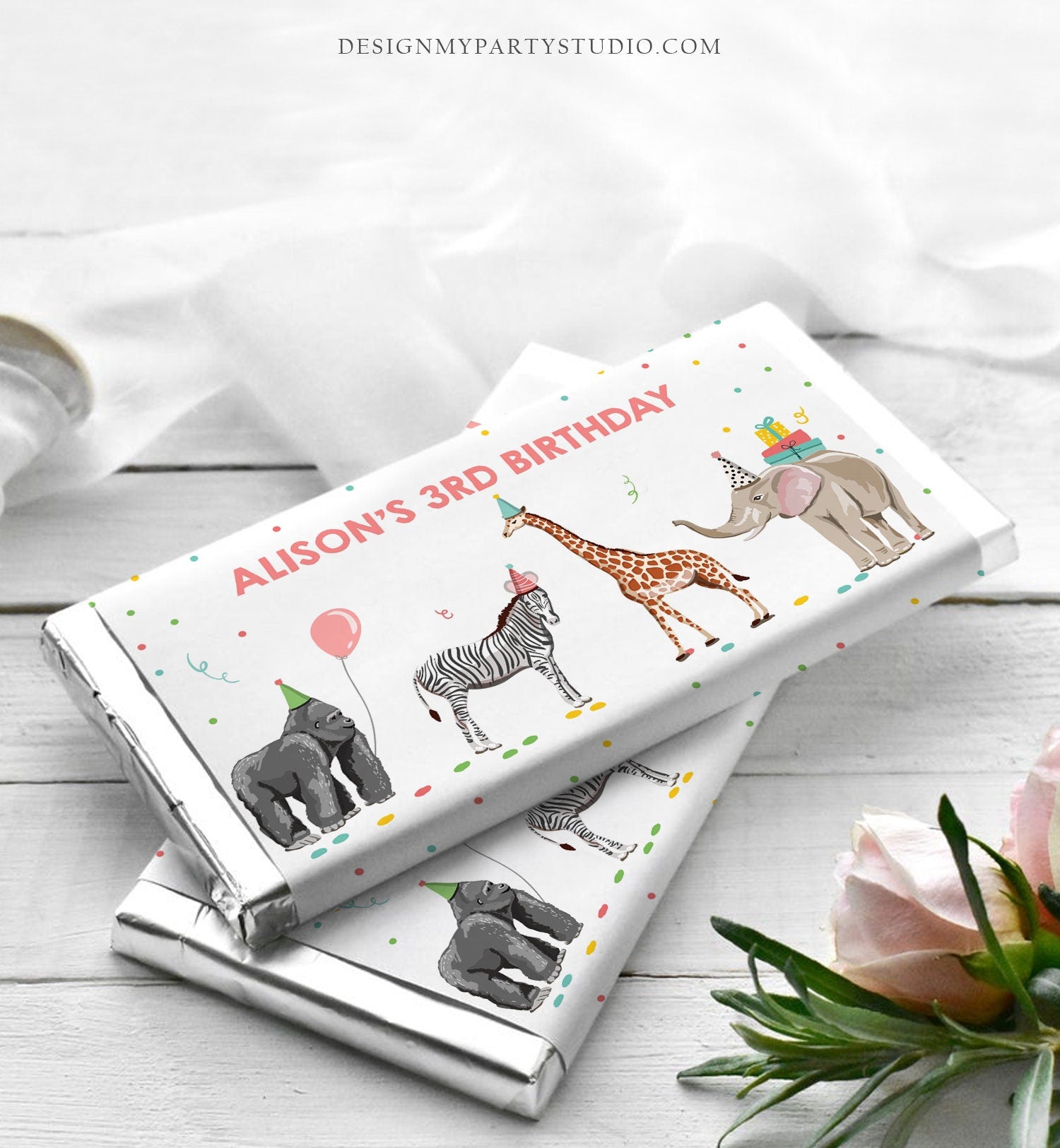 Editable Party Animals Candy Bar Wrapper Safari Animals Birthday Chocolate Bar Wrapper Safari Favors Digital Template Printable 0142