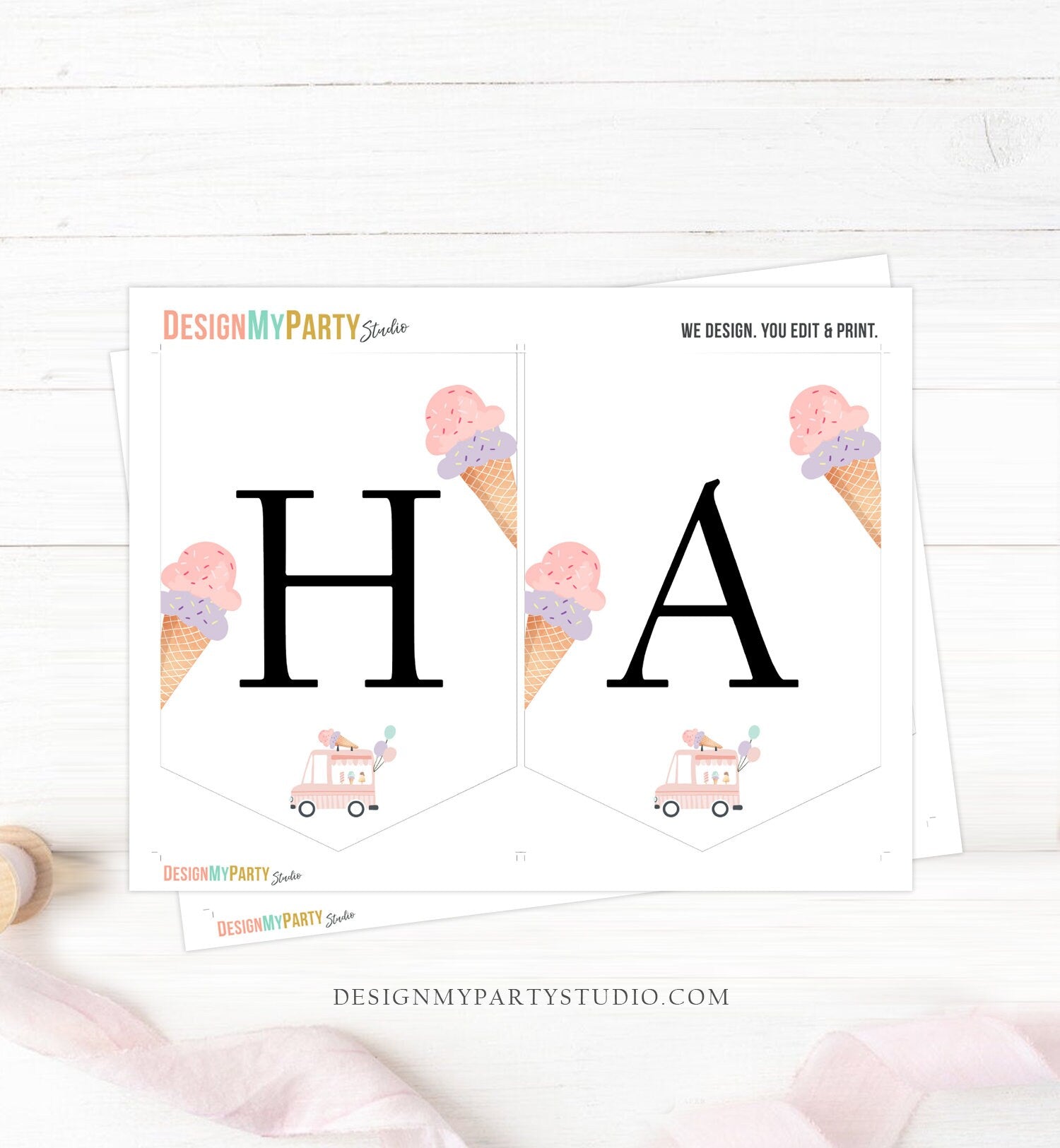 Happy Birthday Banner Pink Ice Cream Truck Birthday Banner Ice Cream Party Girl Birthday Decorations Download PRINTABLE DIGITAL DIY 0415