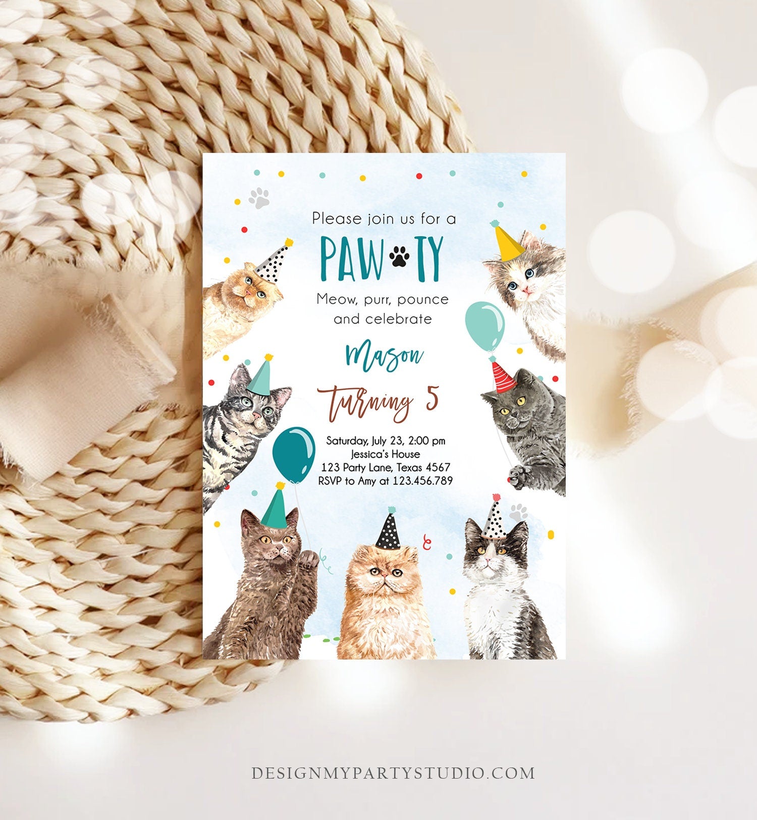 Editable Cat Birthday Party Invitation Kitten Birthday Invite Blue Boy Kitty Cat Invitation Pet Cute Download Printable Template Corjl 0384