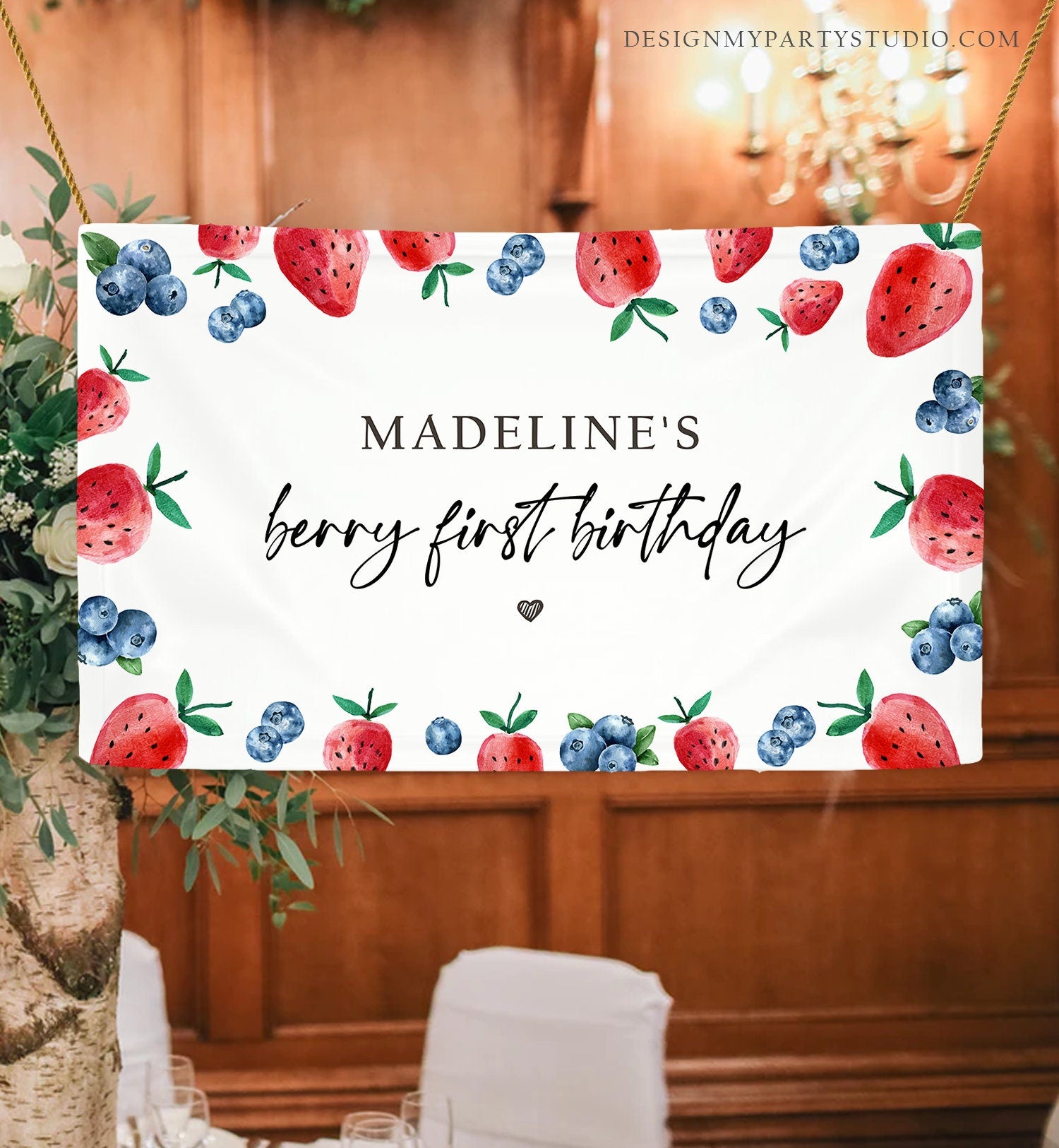 Editable Strawberry Blueberry Backdrop Banner Berry First Birthday Girl Strawberries Berry Sweet Digital Download Template Printable 0399