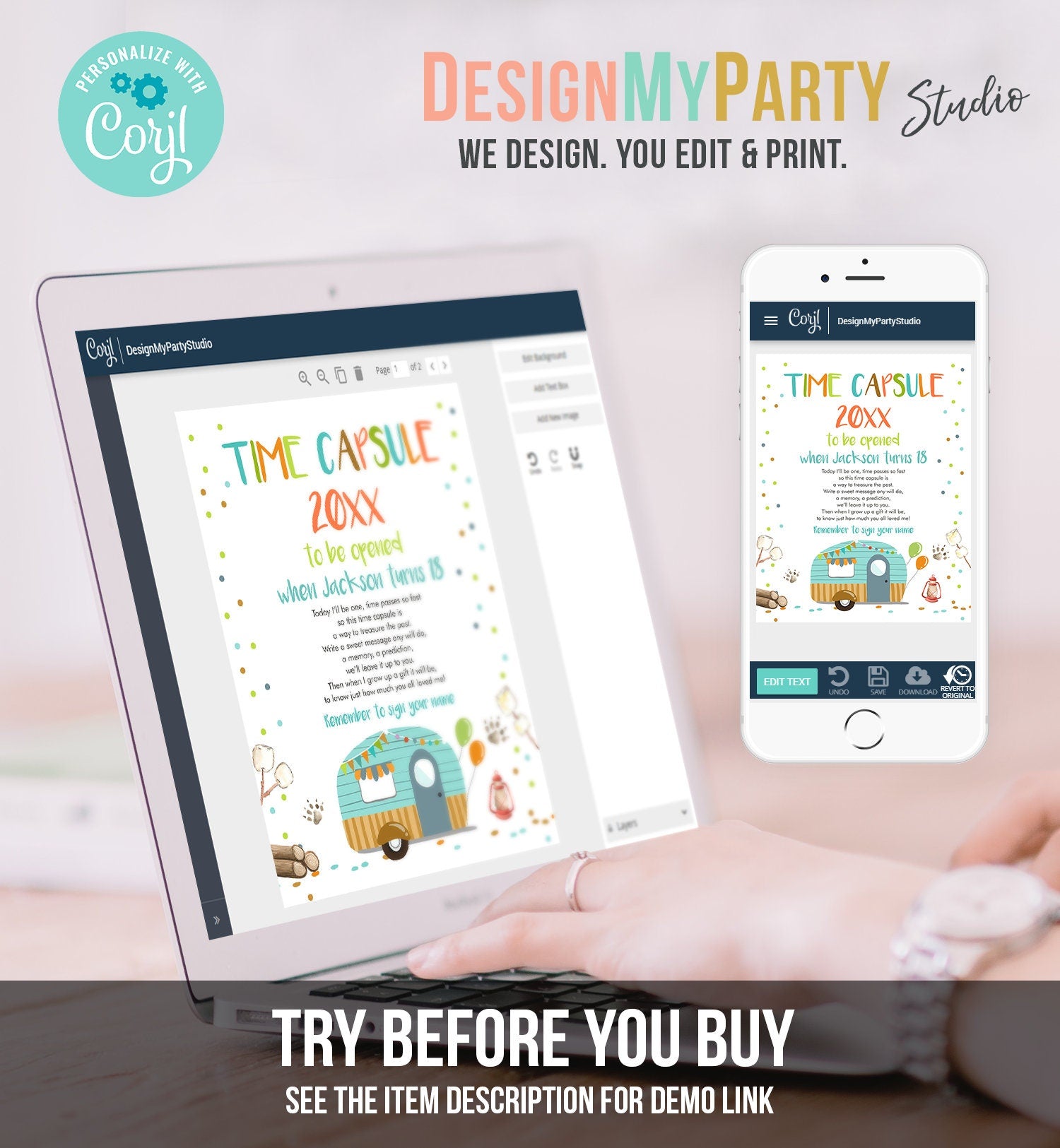 Editable Happy Camper Time Capsule Boy Birthday Party Camping Glamping Caravan Outdoor Blue Guestbook Digital Template Printable 0342