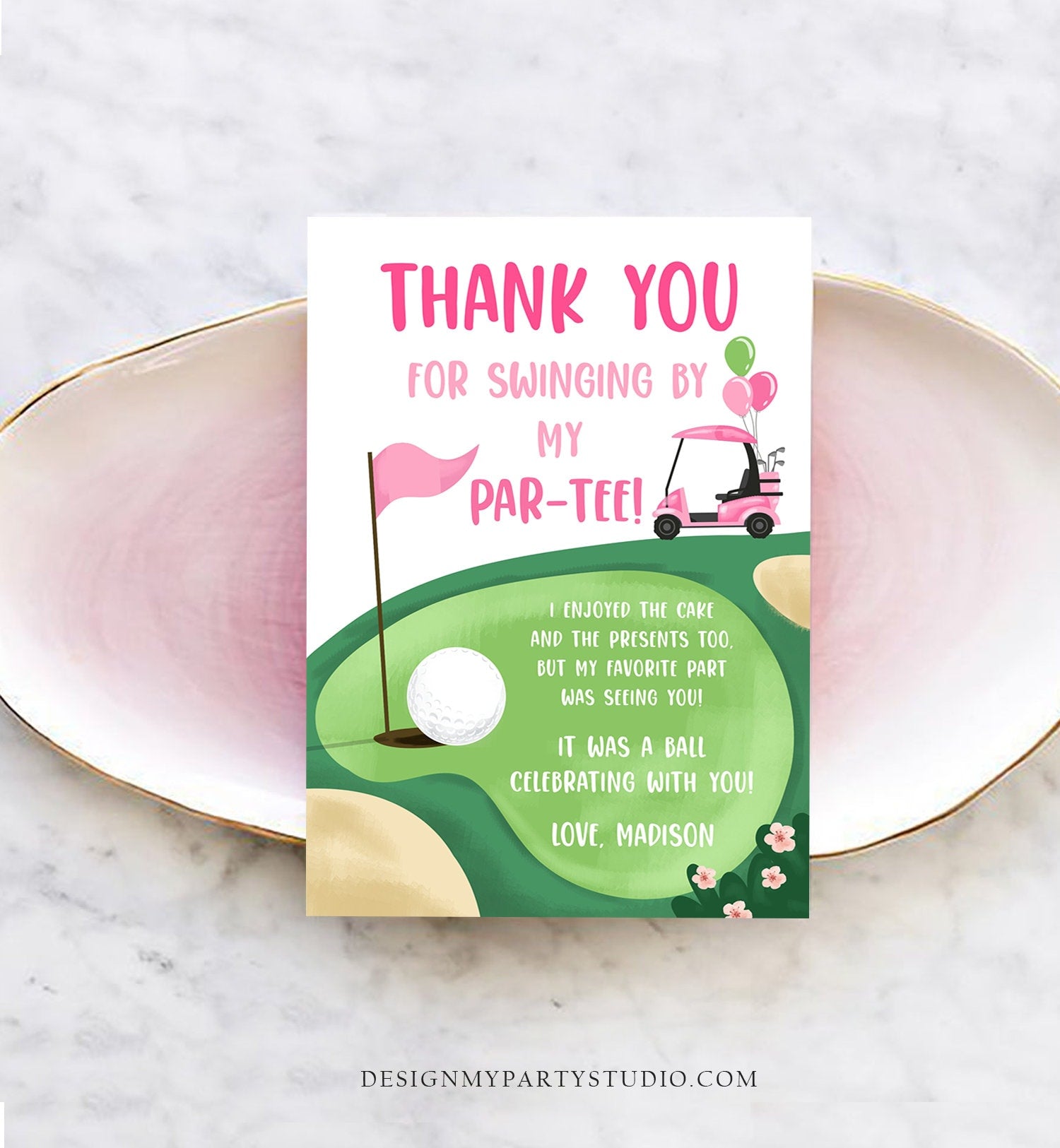 Editable Golf Thank You Card Golfing Birthday Par-tee Swinging By Hole in One Golf Court Girl Pink Cart Digital Template Printable 0405