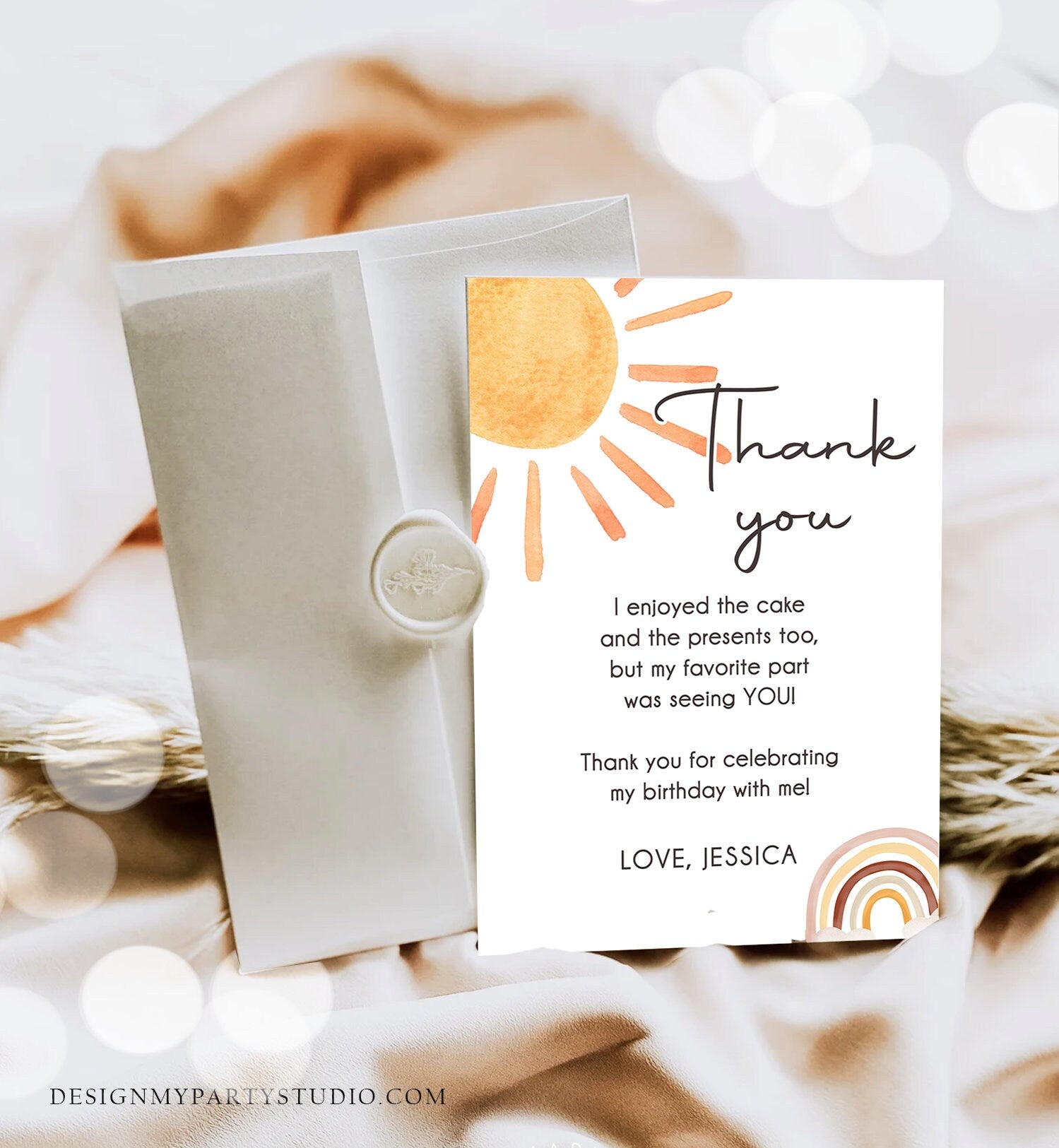 Editable Sun Thank You Card Sun Birthday Party Thank You Note Sunshine 1st Trip Around the Sun Digital Download Template Printable 0431