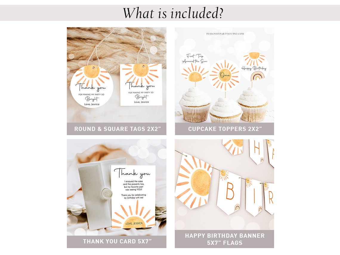 First Trip Around The Sun Birthday Invitation Bundle 1st Sunshine Party Girl Boy Kit Package Digital Download Template Printable 0431