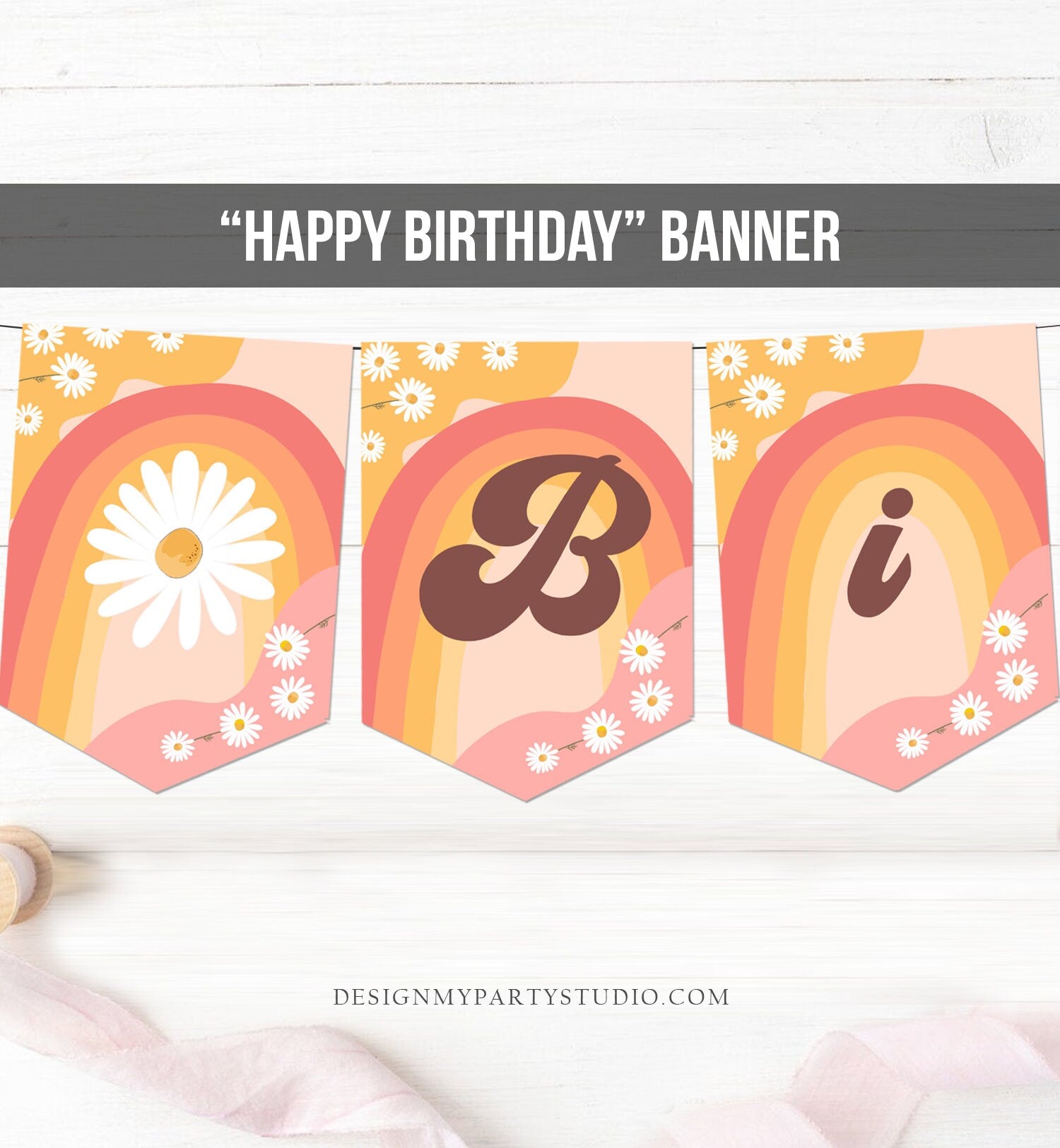 Happy Birthday Banner Daisy Birthday Banner Girl Groovy Birthday Party Decor Boho Retro Floral 70's Hippie Download PRINTABLE DIGITAL 0428