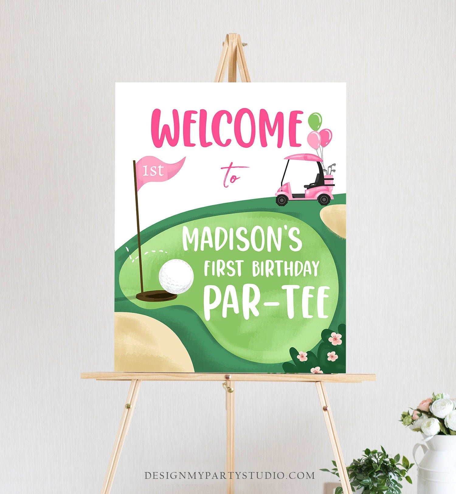 Editable Golf Birthday Welcome Sign 1st Birthday Girl Hole in One Party First Birthday Par-Tee Golfing Golf Digital Template Printable 0405