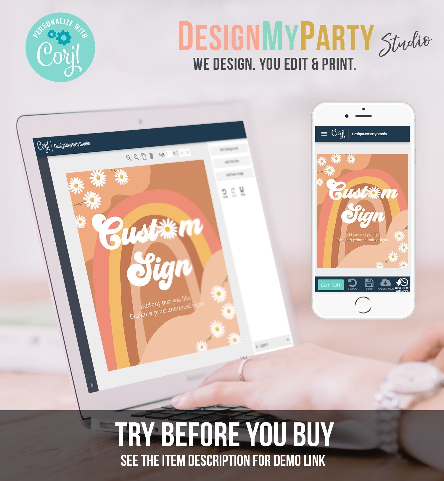 Editable Custom Sign Retro Groovy Birthday Party Groovy Baby Shower Decor Daisy Floral Hippie 70s Party Download Template Printable 0428
