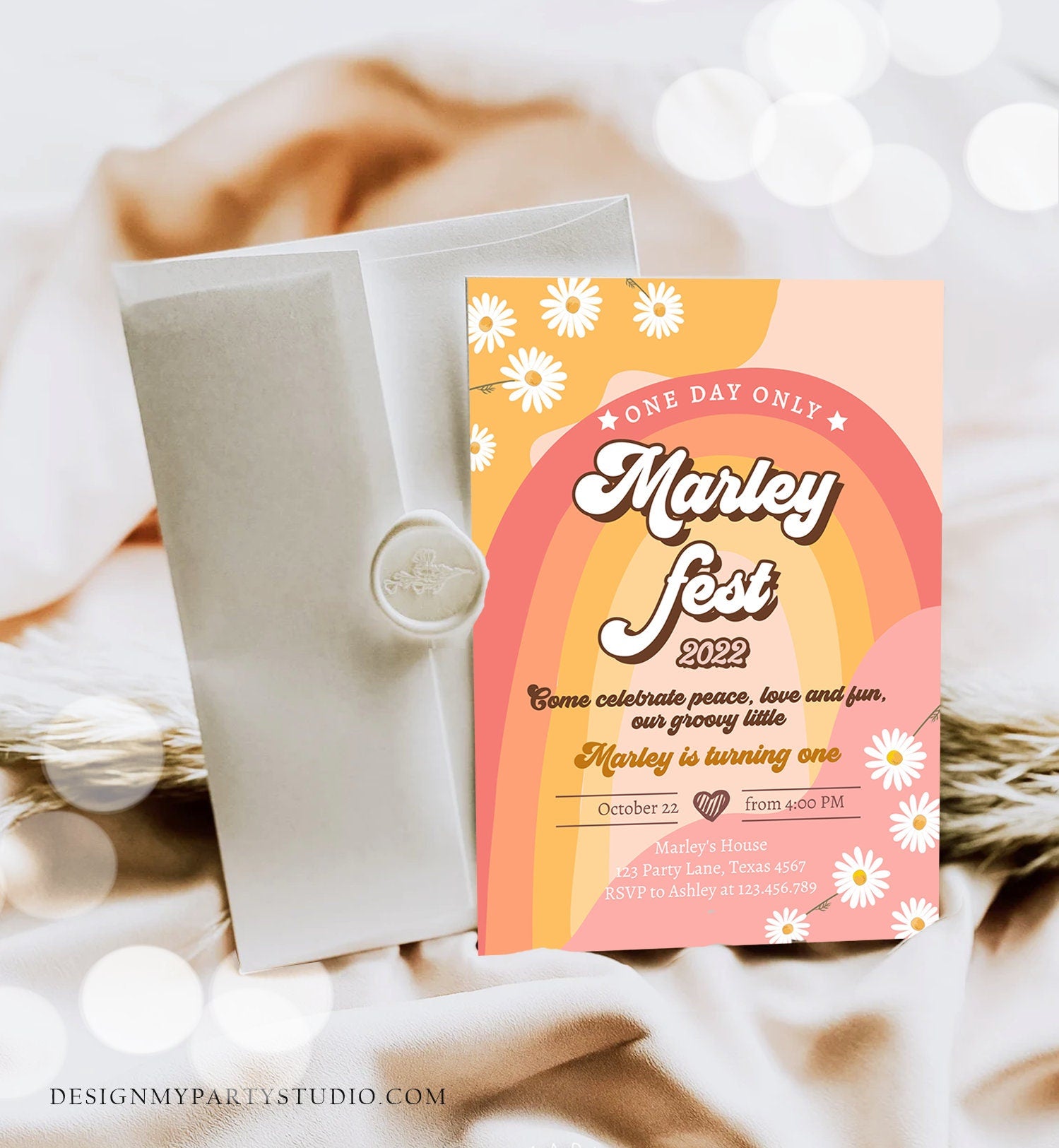 Editable Music Festival Birthday Party Invitation Floral Fest Birthday Seventies Groovy Peace Love Download Template Corjl Digital 0428