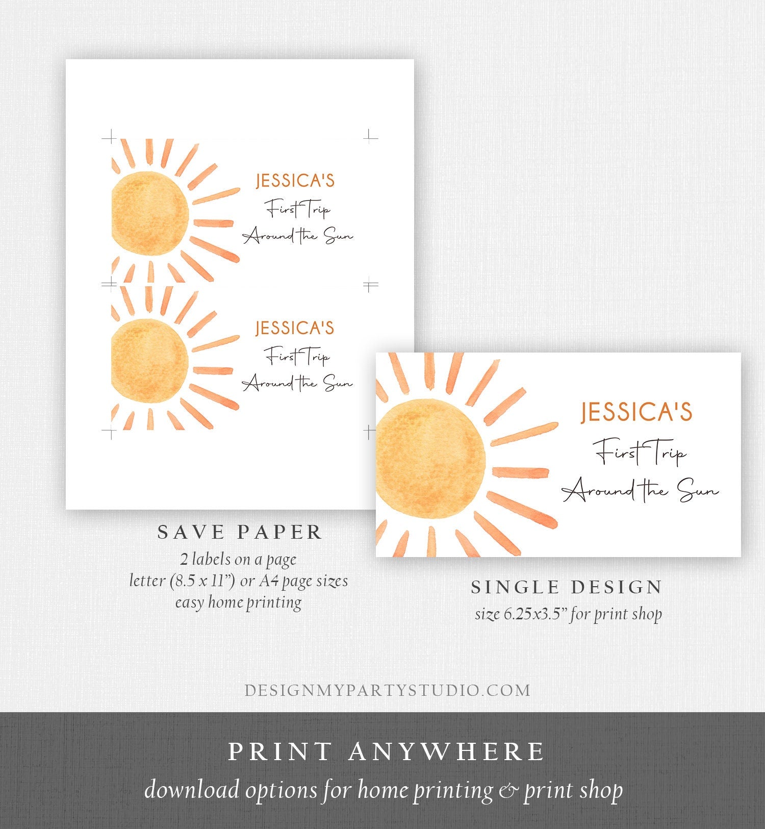 Editable Sun Birthday Party Gable Box Favor Label Boho Sun Gift Box Labels Sunshine First Trip Around the Sun Download Printable Corjl 0431