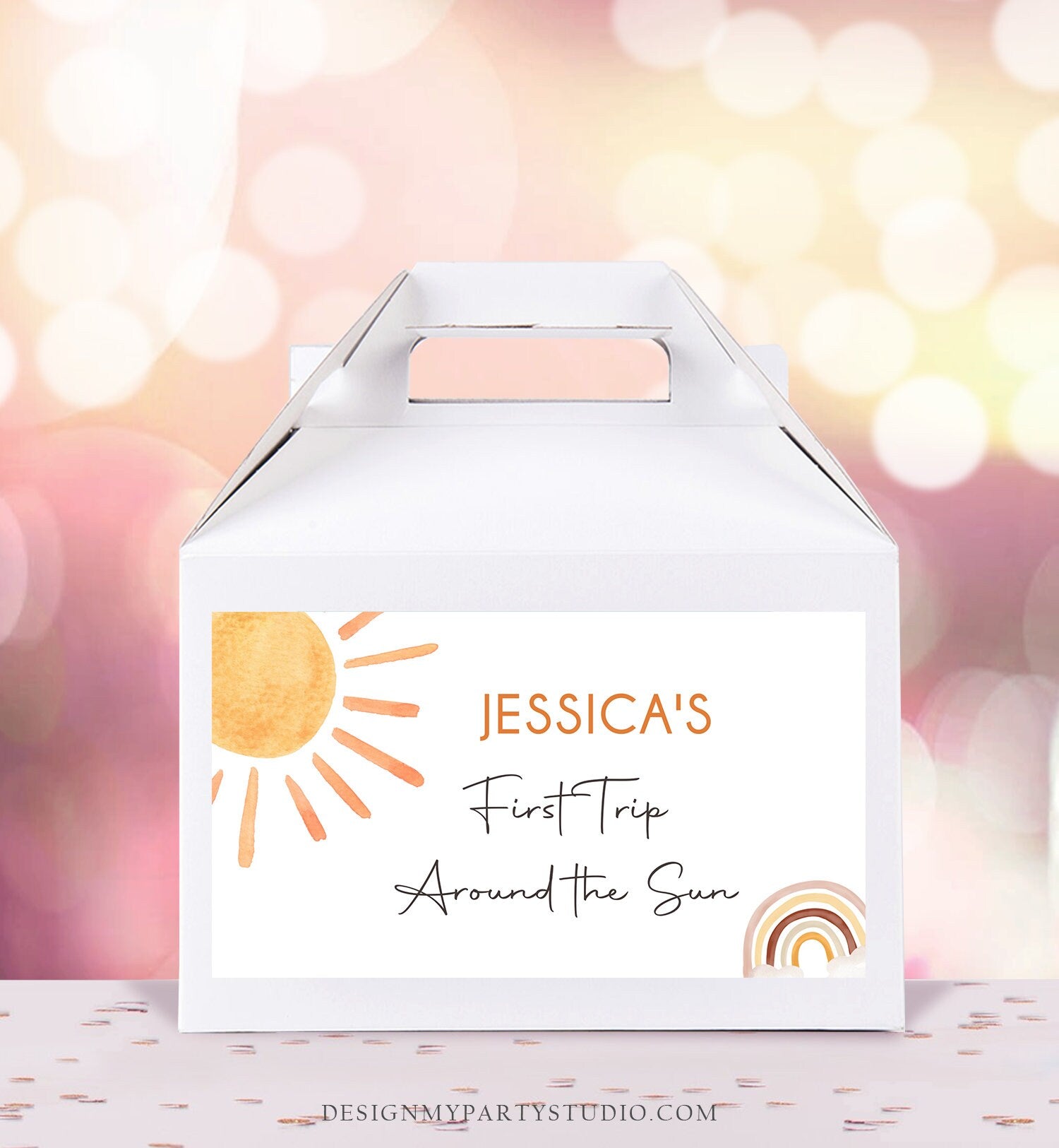 Editable Sun Birthday Party Gable Box Favor Label Boho Sun Gift Box Label Sunshine First Trip Around the Sun Digital Download Printable 0431