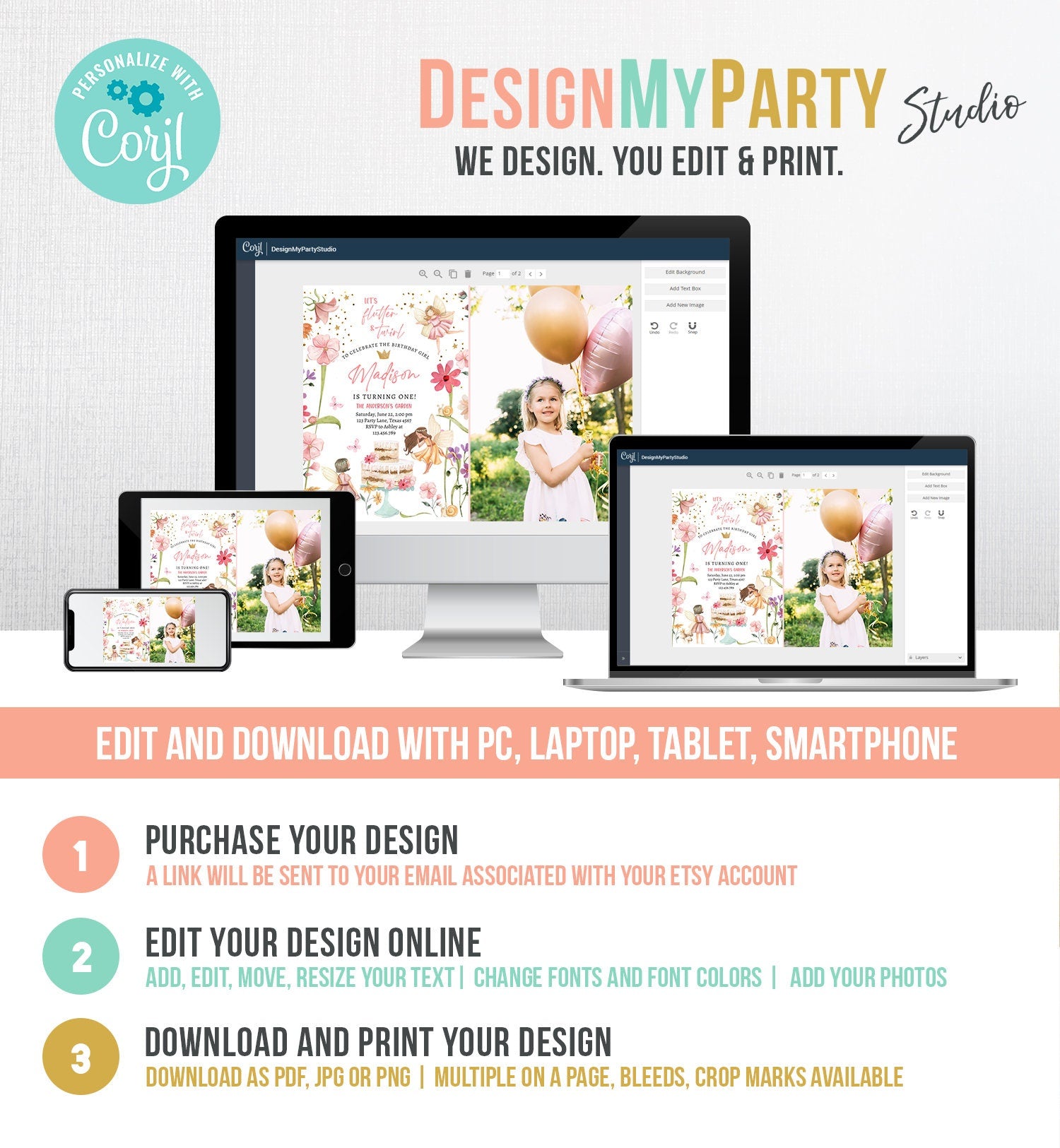 Editable Fairy Princess Birthday Invitation Girl Pink Floral Magical Fairy Party Whimsical Garden Digital Download Template Printable 0406