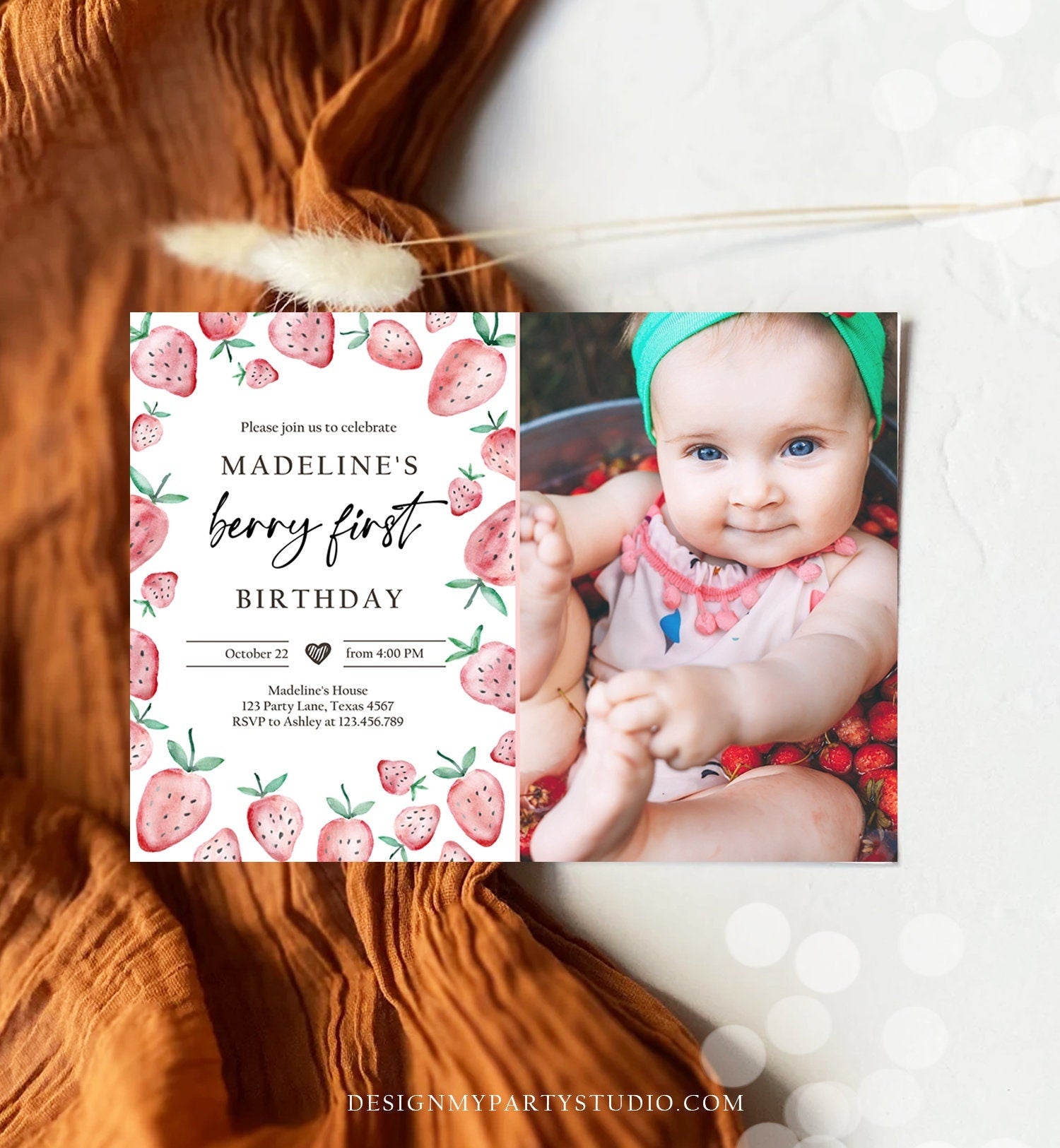 Editable Strawberry Birthday Invitation First Birthday Berry Sweet Girl Cute Strawberries 1st Digital Download Evite Template Printable 0399