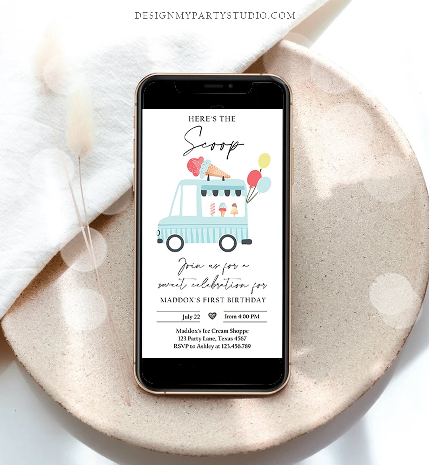 Editable Ice Cream Truck Birthday Evite Boy Ice Cream Truck Invite Modern Ice Cream Shoppe Van The Scoop Phone Digital Template Corjl 0415