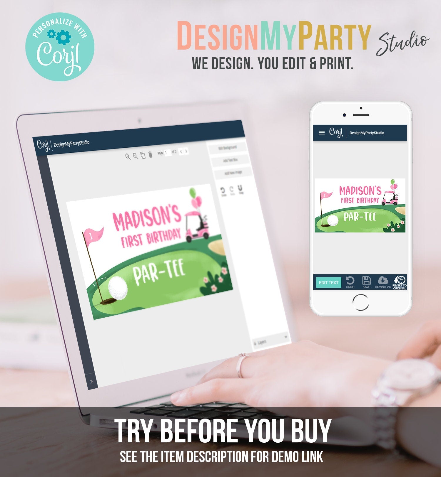 Editable Hole in One Backdrop Banner Golf Birthday Girl First Birthday Par-tee Golfing 1st Party Digital Download Template Printable 0405