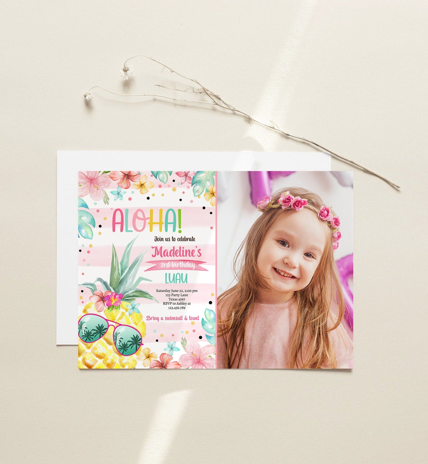 Editable Hawaiian Luau Birthday Invitation Pineapple Birthday Party Pool Party Pineapple Pink Girl Digital Download Template Printable 0391