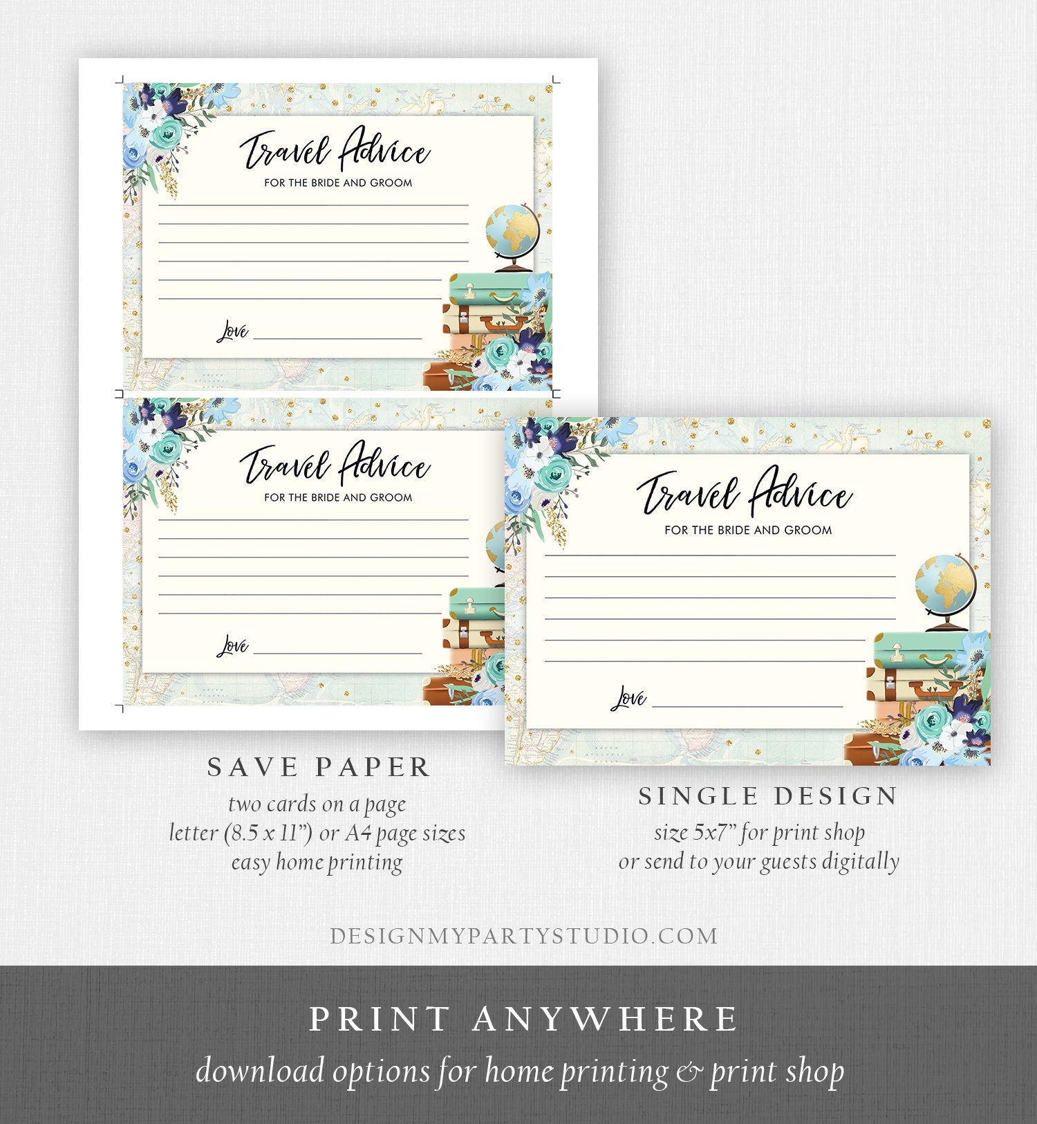 Editable Advice for the Bride-to-Be Card Bridal Shower Travel Words of Wisdom for Bride Game Adventure Blue Floral Gold Corjl Template 0030