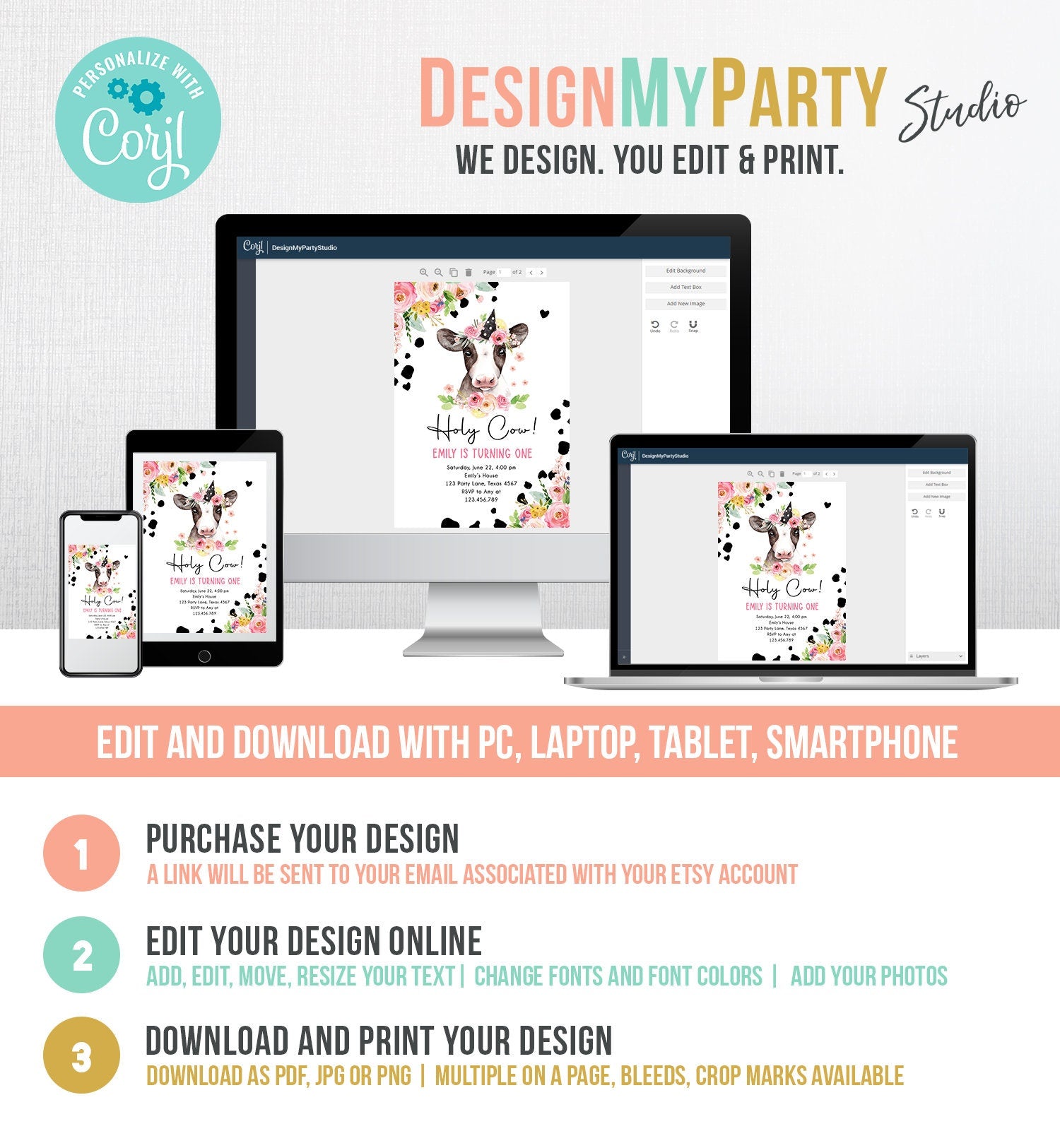 Editable Cow Birthday Invitation Girl Farm Animals Pink Floral Barnyard Party Holy Cow Party One Digital Download Template Printable 0434