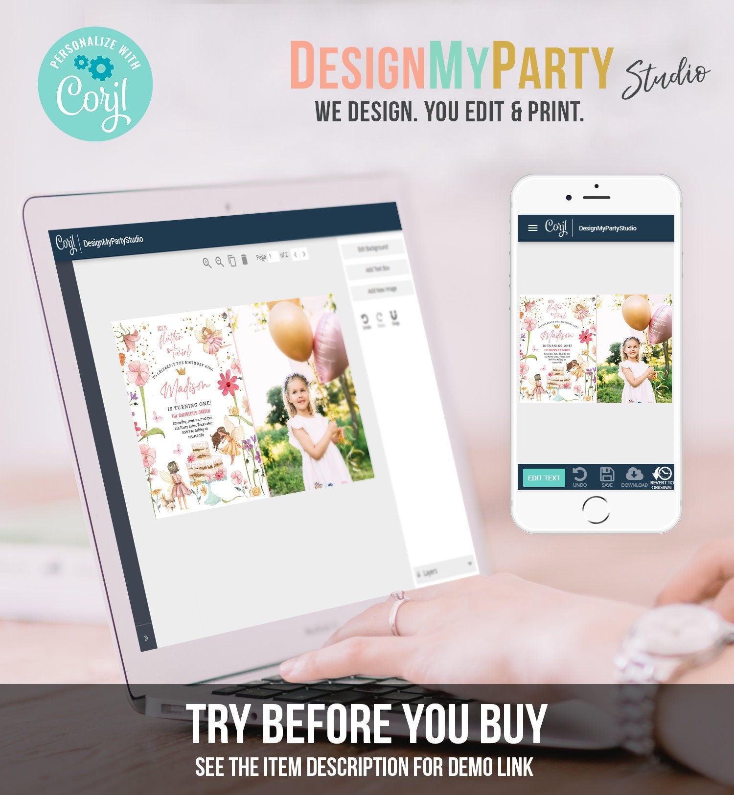 Editable Fairy Princess Birthday Invitation Girl Pink Floral Magical Fairy Party Whimsical Garden Digital Download Template Printable 0406