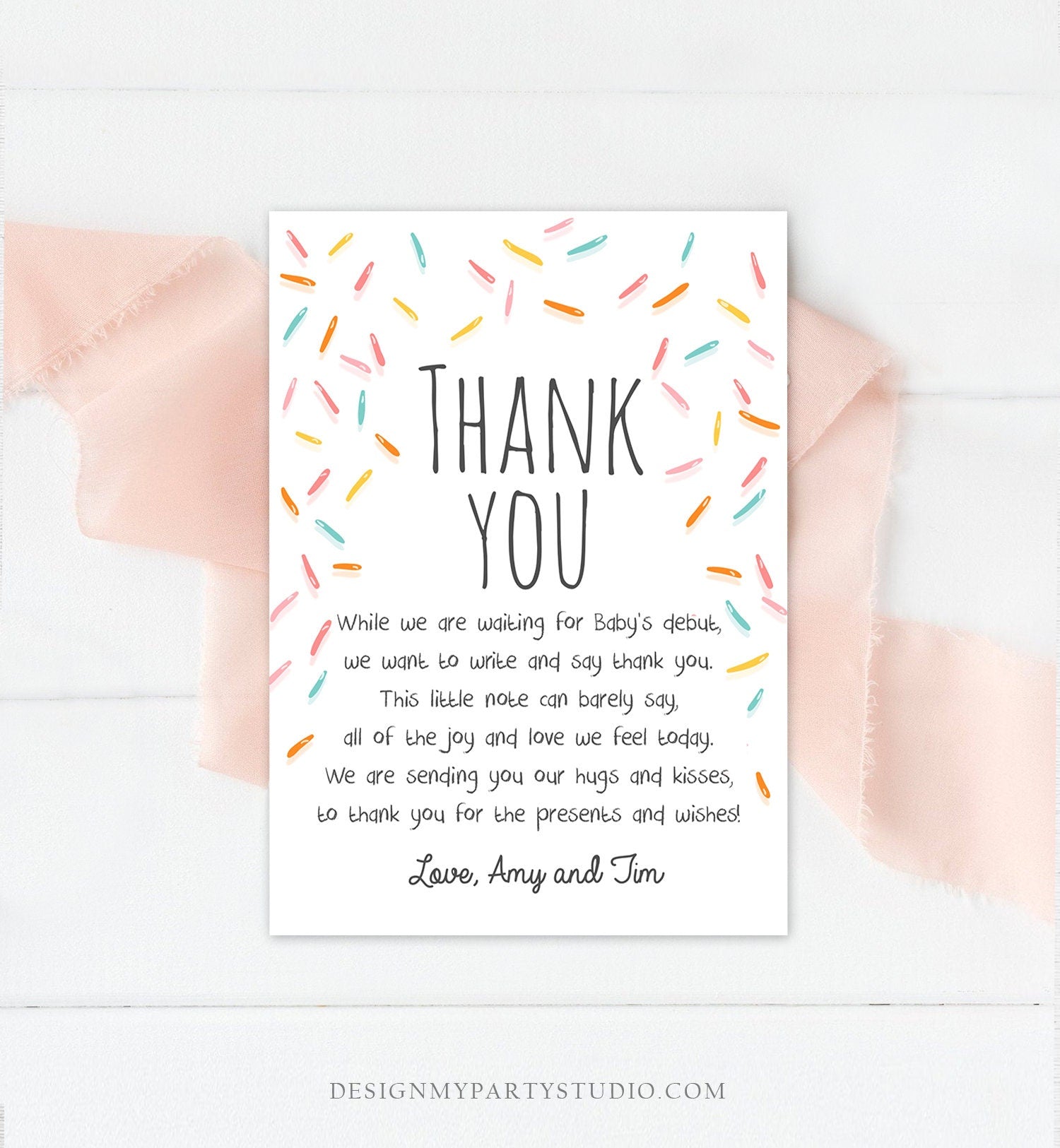 Editable Baby Sprinkle Thank You Card Rainbow Sprinkle Baby Shower Gender Neutral Coed Sprinkles Digital Corjl Template Printable 0216