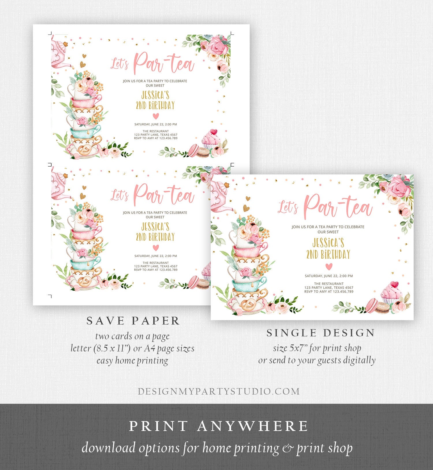 Editable Tea Party Birthday Invitation Girl Par-Tea Invite Floral Pink Gold Whimsical Tea Digital Download Evite Template Printable 0349
