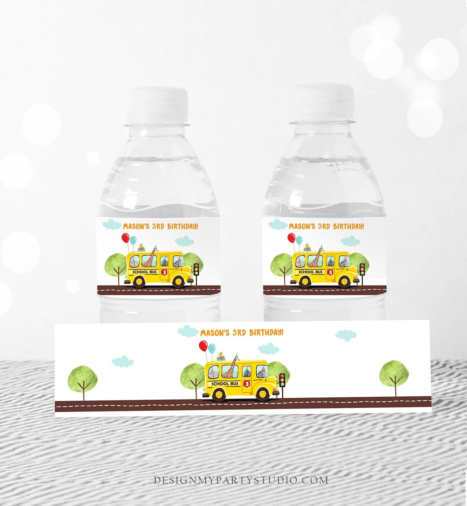 Editable School Bus Water Bottle Labels Wheels on The Bus Decor Bus Birthday Favor Labels Bus Party Instant Printable Template Corjl 0325