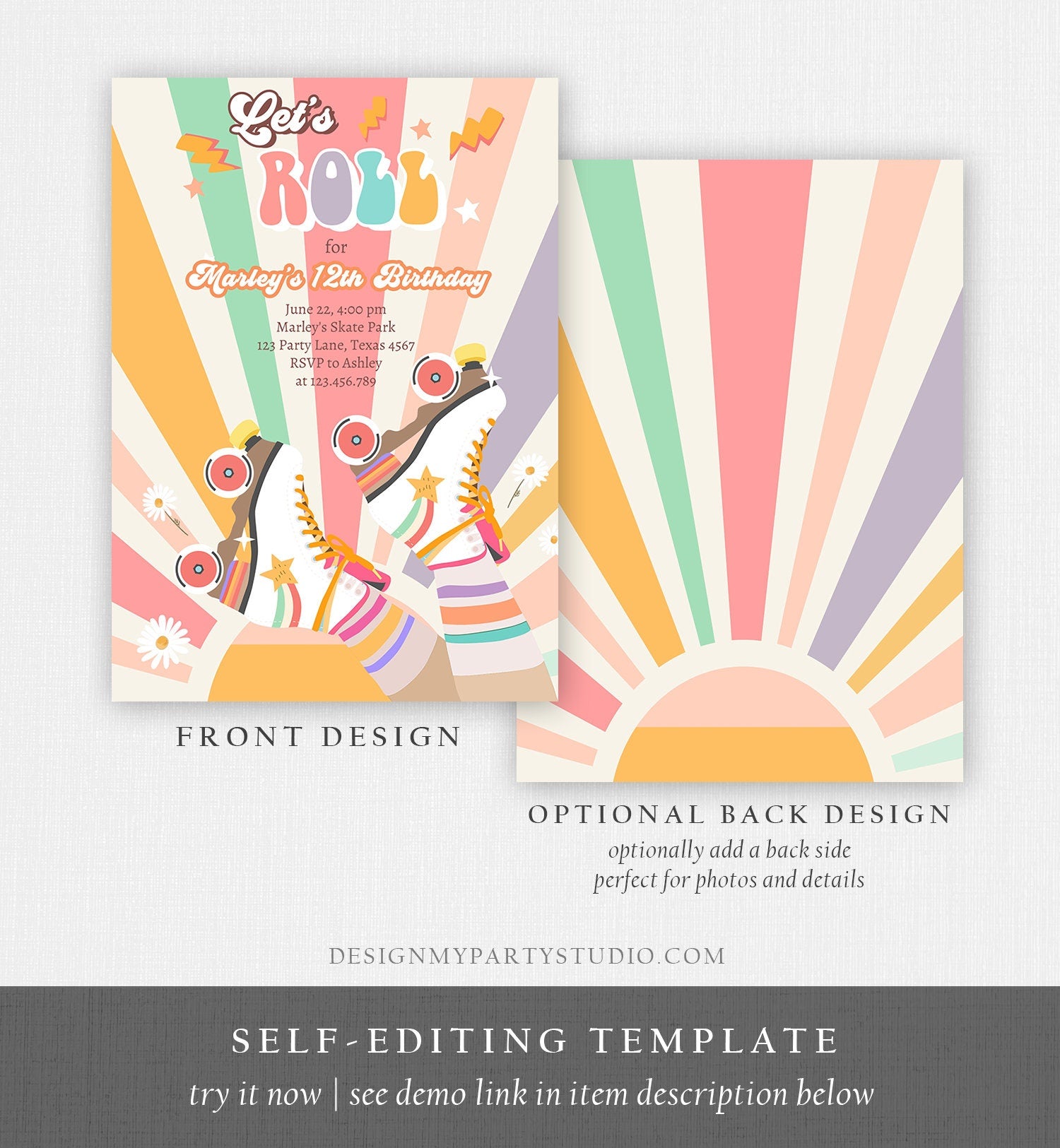 Editable Retro Roller Skating Birthday Party Invitation Groovy Skating Kids Flower Power Rainbow 70's Digital Evite Template Printable 0435