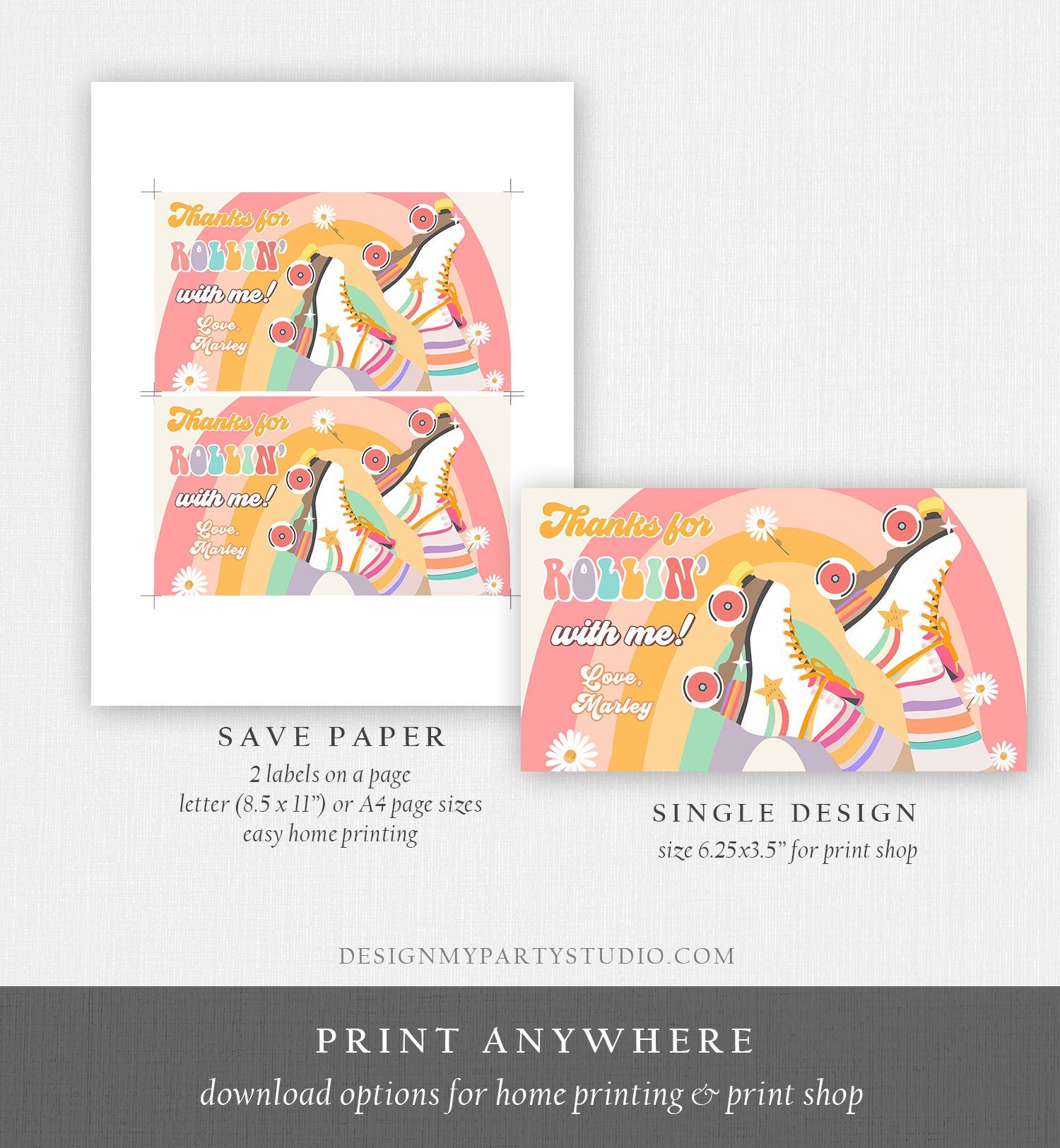 Editable Retro Skate Birthday Party Gable Box Favor Label 70's Gift Box Labels Skating Party Rolling Roller Download Template Printable 0435