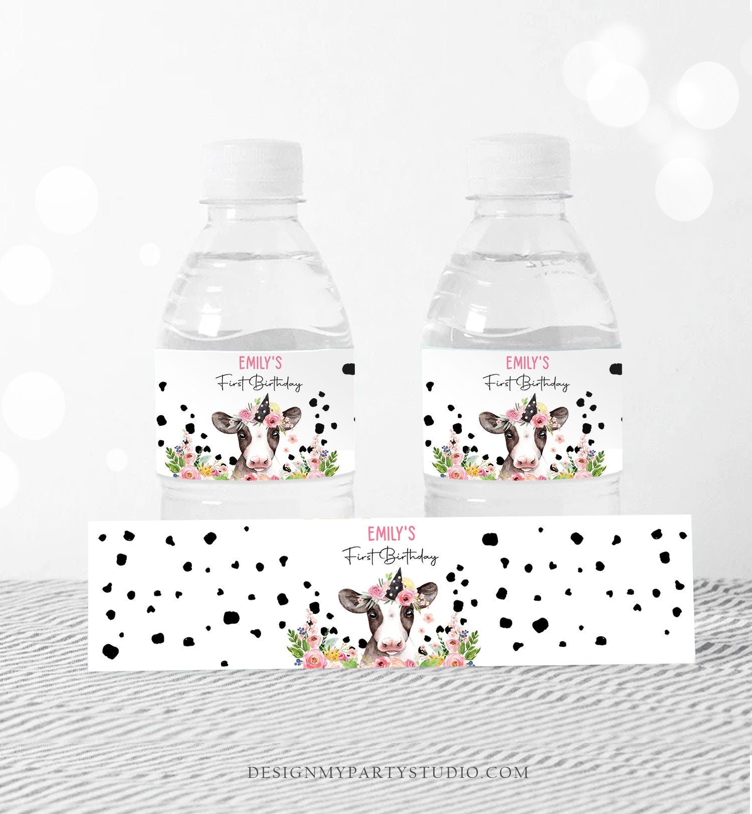 Editable Cow Water Bottle Labels Farm Animals Girl Birthday Barnyard Holy Cow Pink Floral One Printable Bottle Label Template Corjl 0434