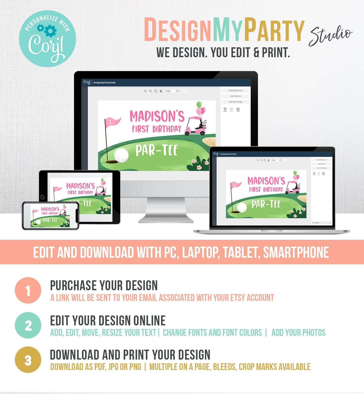 Editable Hole in One Backdrop Banner Golf Birthday Girl First Birthday Par-tee Golfing 1st Party Digital Download Template Printable 0405