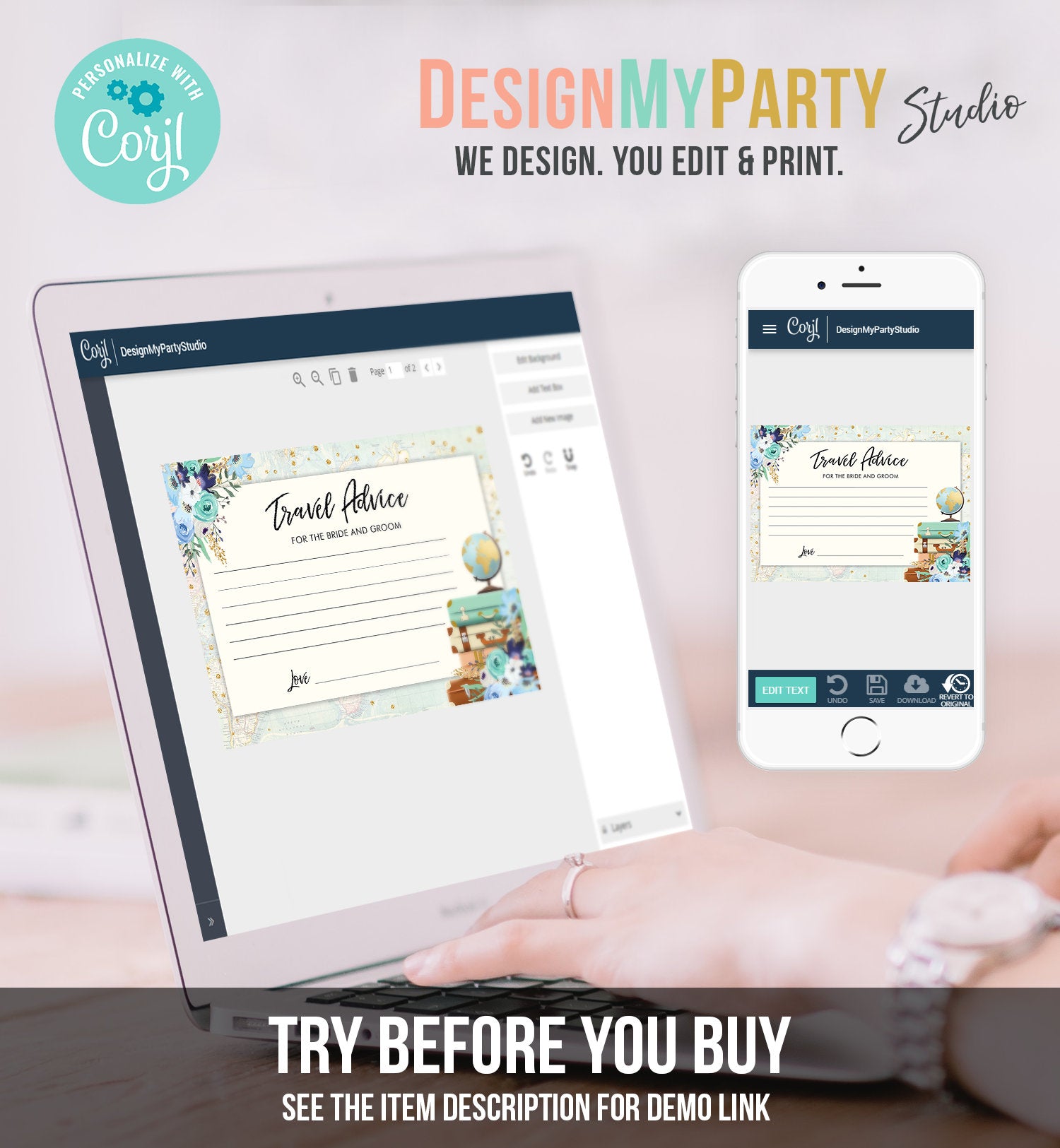 Editable Advice for the Bride-to-Be Card Bridal Shower Travel Words of Wisdom for Bride Game Adventure Blue Floral Gold Corjl Template 0030