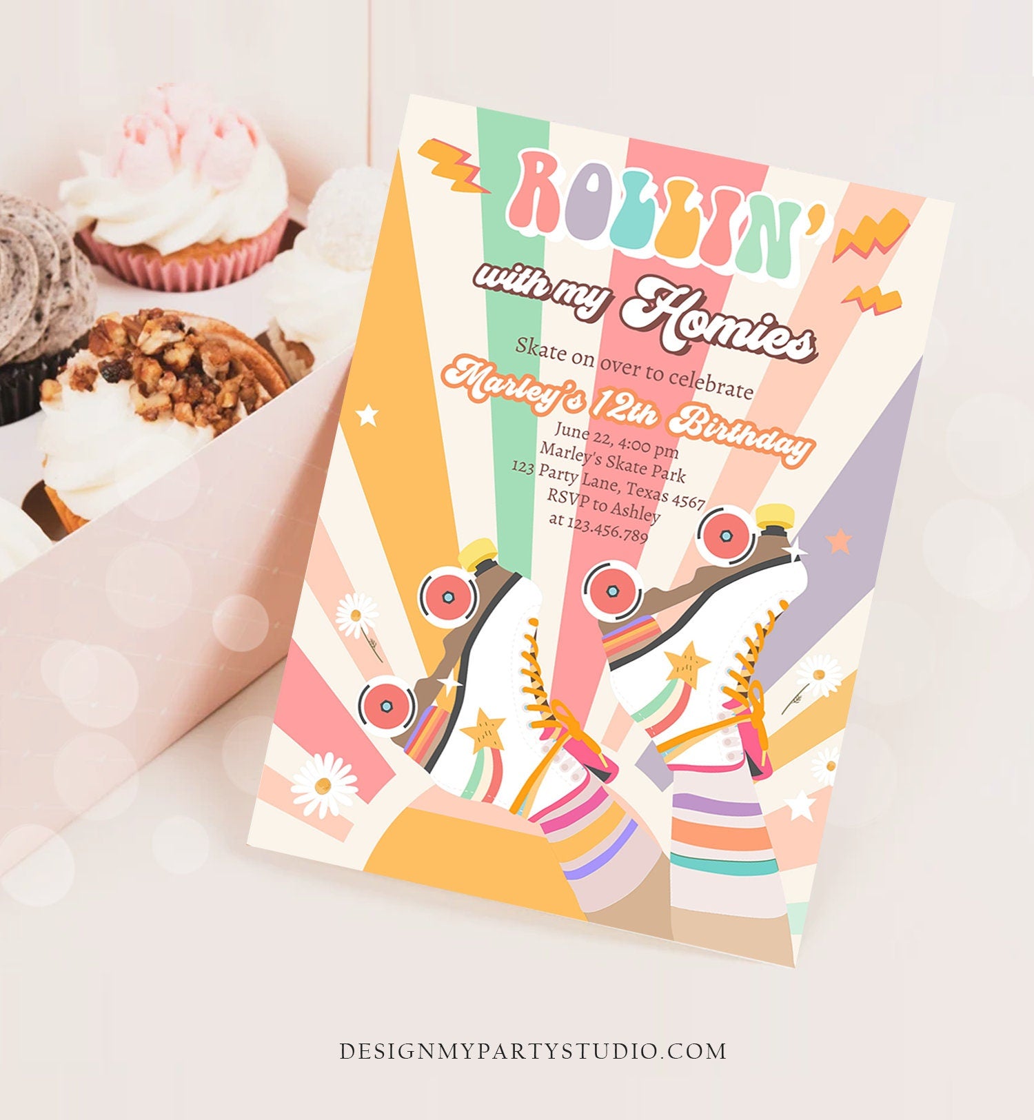 Editable Retro Roller Skate Birthday Party Invitation Rollin' With My Homies Skating 70's Skate Invite Template Digital Evite Printable 0435
