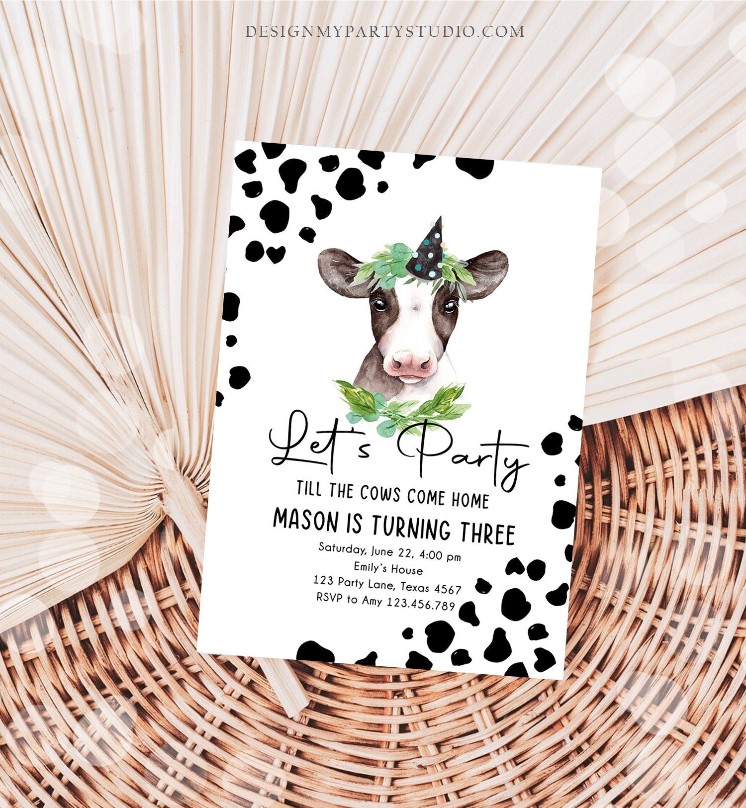 Editable Cow Birthday Invitation Boy Farm Animals Let's Party Til The Cows Come Home Holy Cow 1st Download Printable Template Corjl 0434