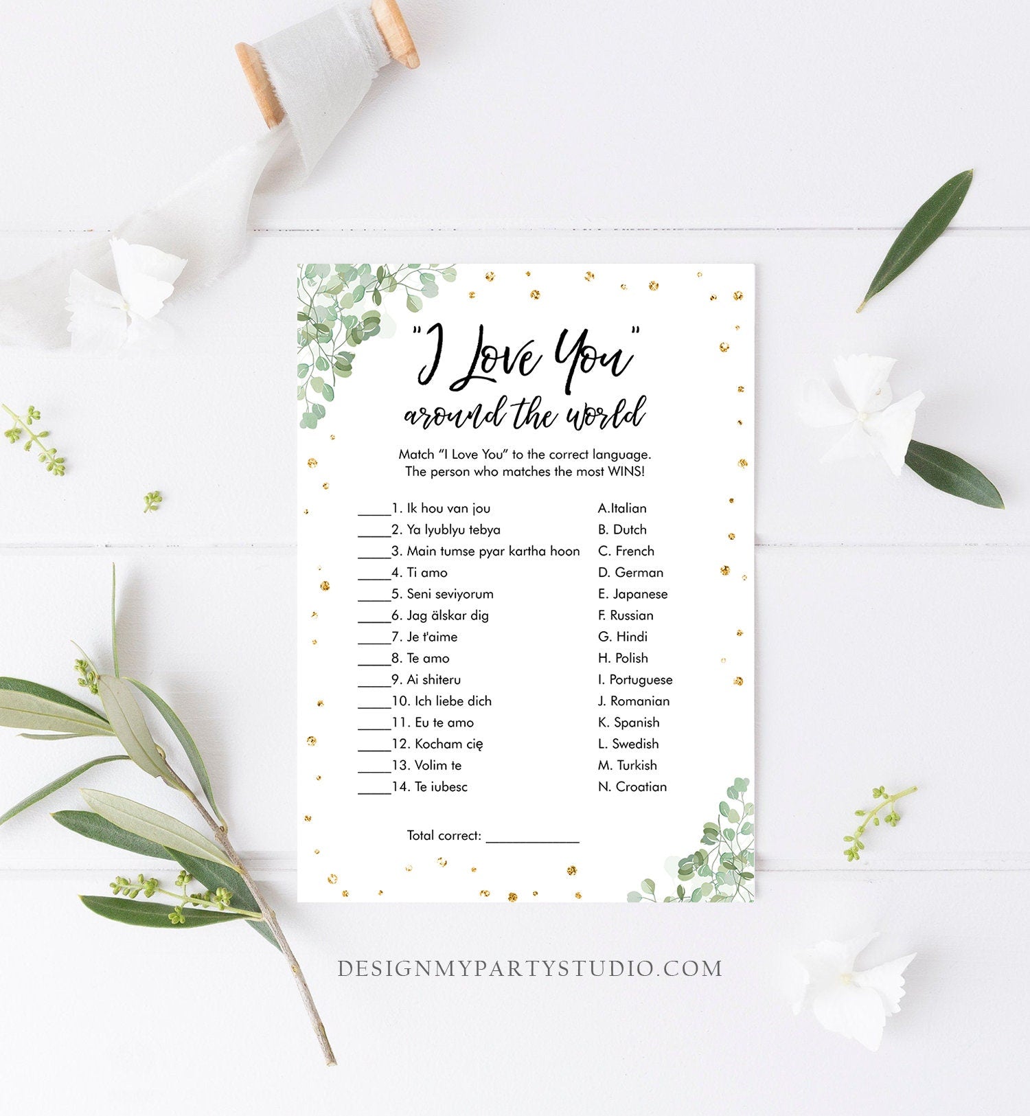 Editable Travel Bridal Shower Game I Love You Around the World Wedding Greenery Activity Eucalyptus Bachelorette Corjl Printable 0030