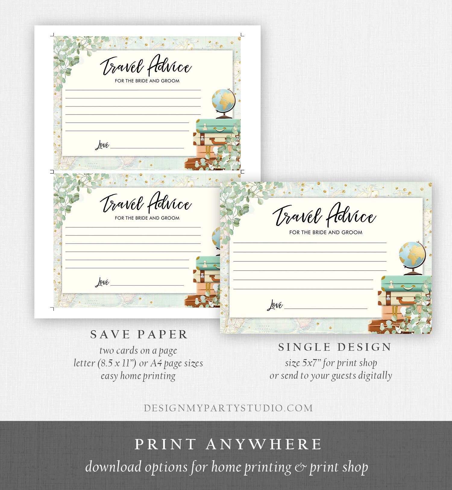 Editable Advice for the Bride-to-Be Card Eucalyptus Bridal Shower Travel Adventure Words of Wisdom Game Gold Digital Template Printable 0030