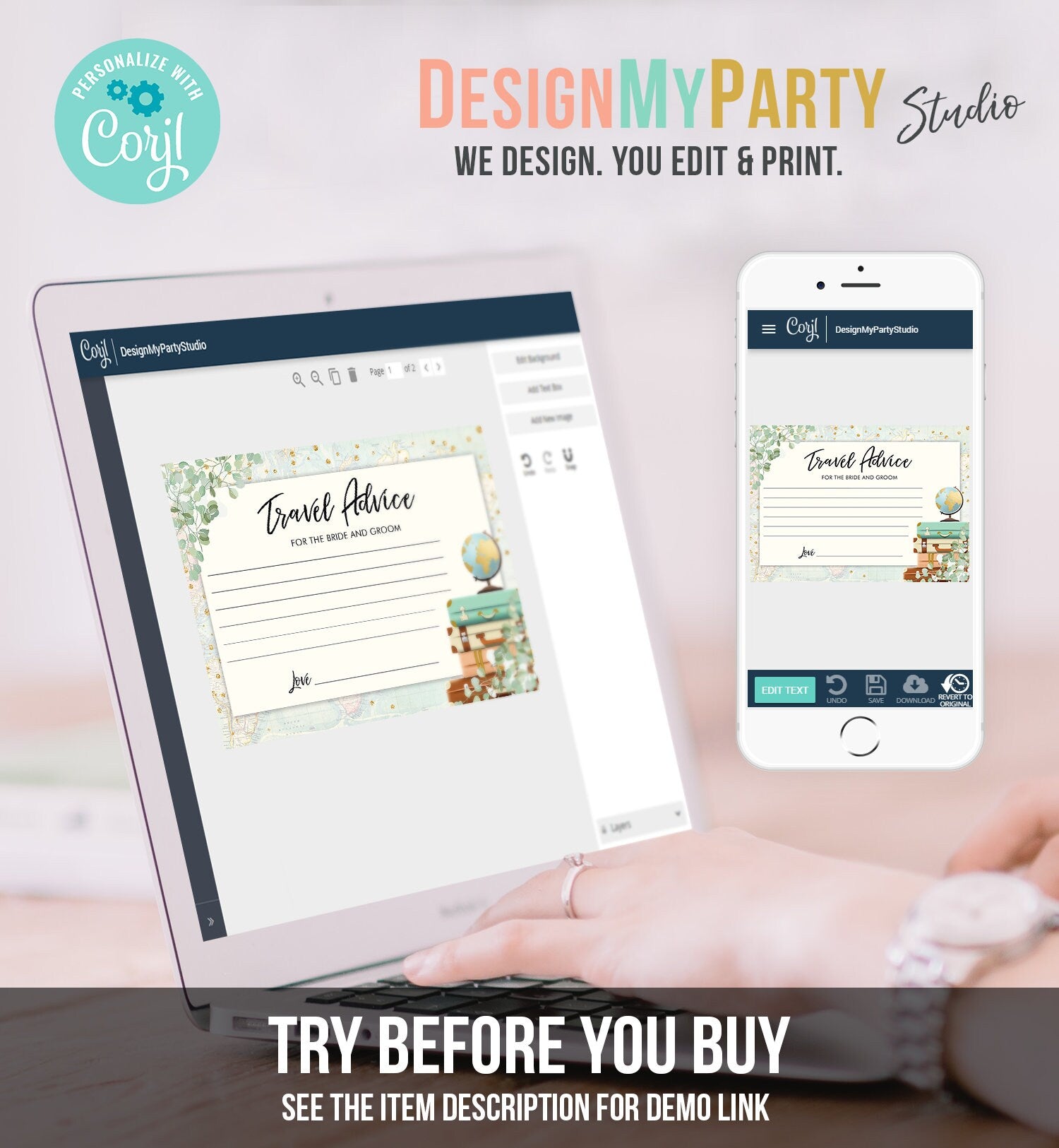 Editable Advice for the Bride-to-Be Card Eucalyptus Bridal Shower Travel Adventure Words of Wisdom Game Gold Digital Template Printable 0030