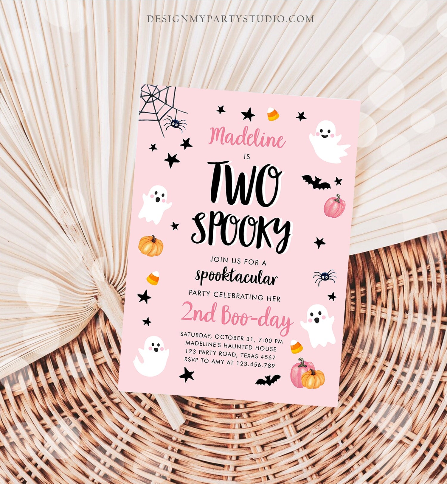 Editable Halloween Birthday Invitation 2nd Pink Ghost Costume Party Girl Pink Kids Two Spooky Party Digital Evite Template Printable 0418