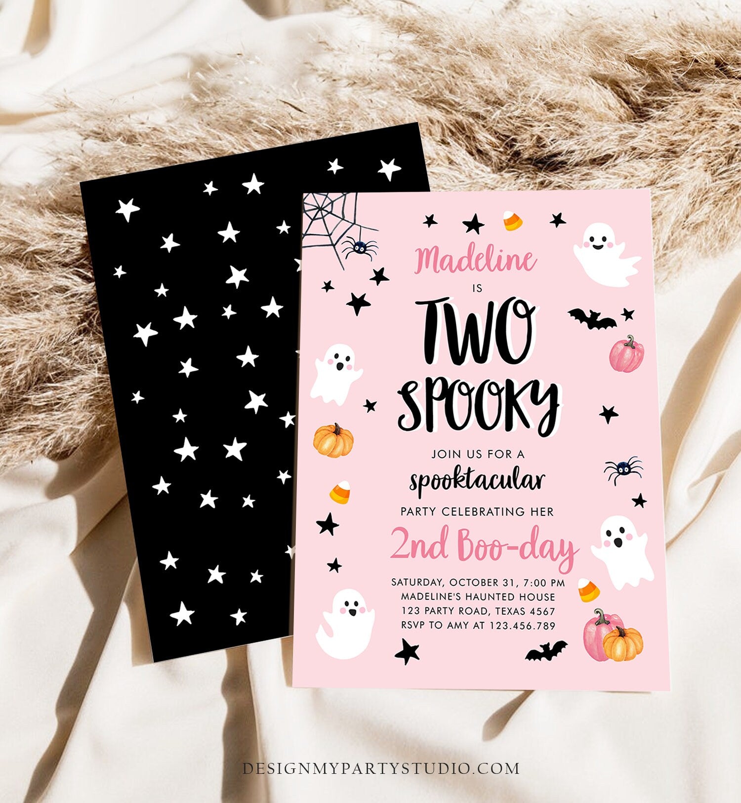 Editable Halloween Birthday Invitation 2nd Pink Ghost Costume Party Girl Pink Kids Two Spooky Party Digital Evite Template Printable 0418