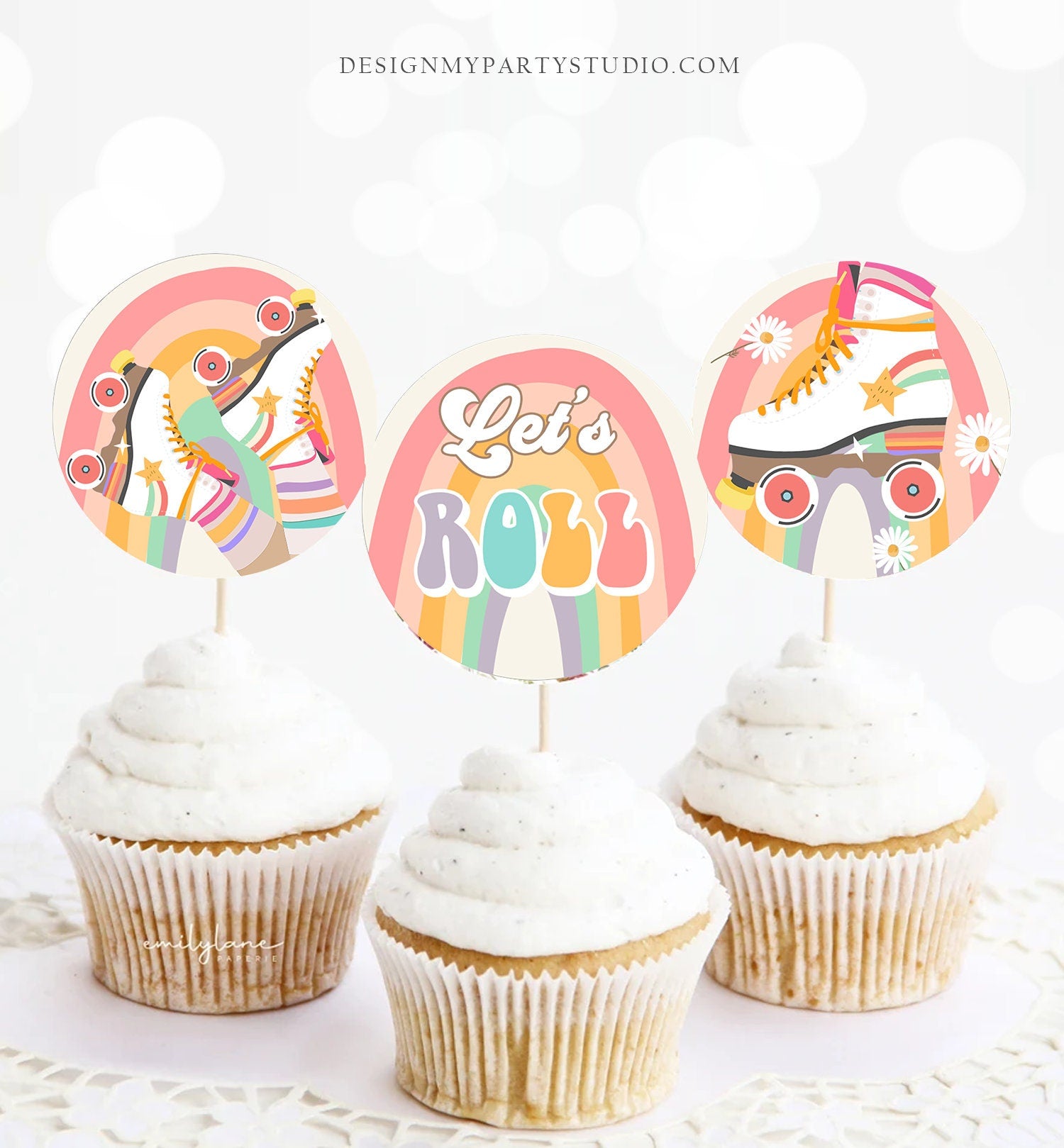 Roller Skate Cupcake Toppers Skate Birthday Favor Tags Retro Daisy Roller Rink Party Decor Rainbow Hippie Download Digital Printable 0435