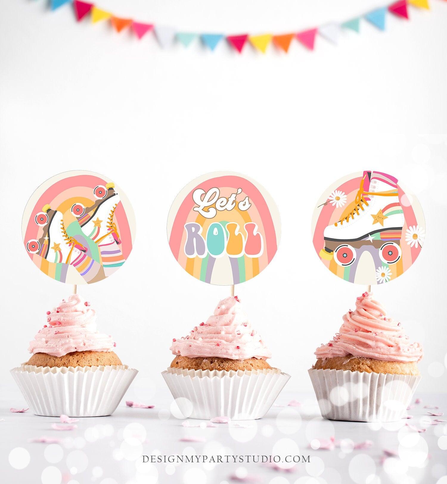 Roller Skate Cupcake Toppers Skate Birthday Favor Tags Retro Daisy Roller Rink Party Decor Rainbow Hippie Download Digital Printable 0435