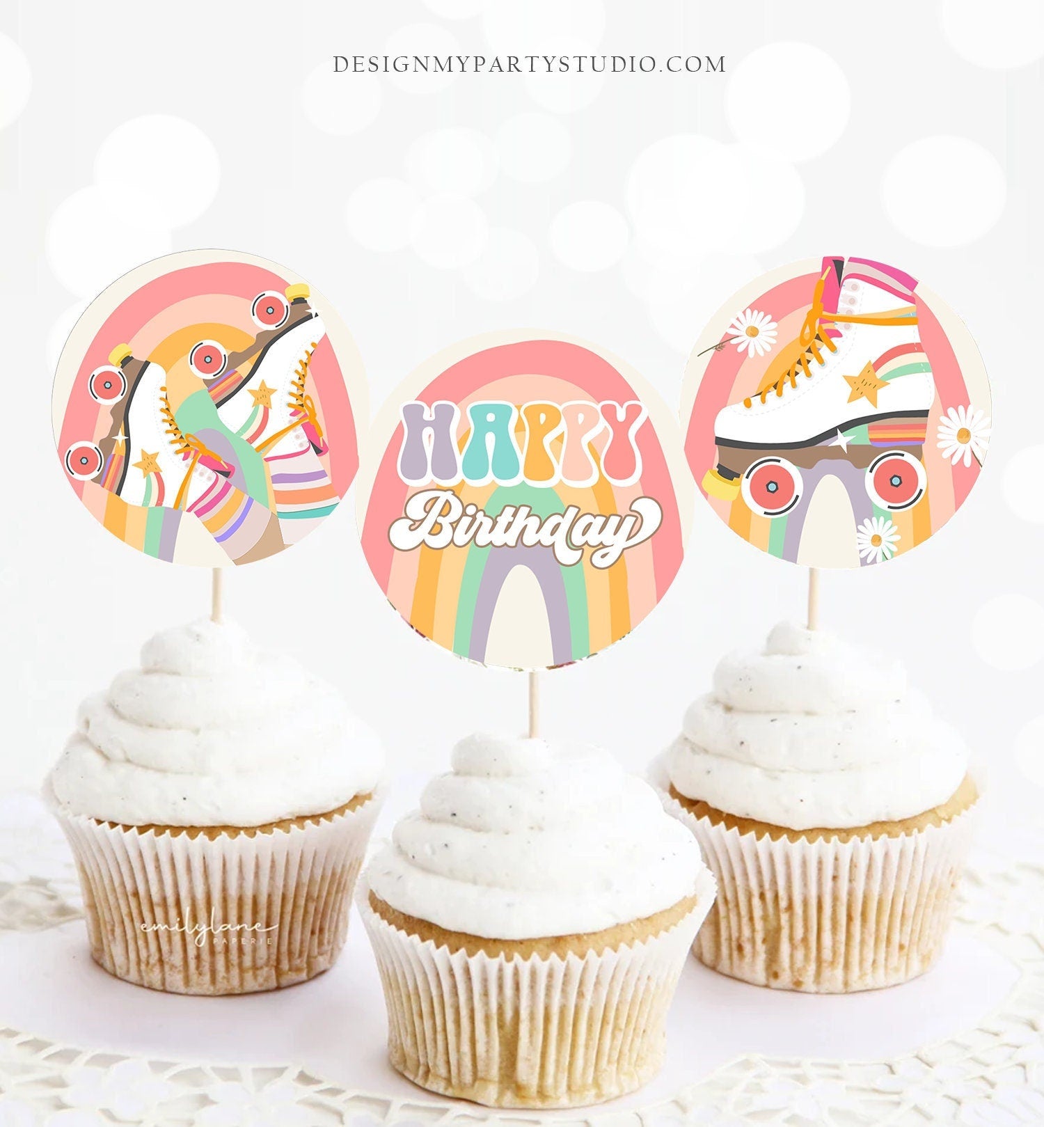 Roller Skate Cupcake Toppers Skate Birthday Favor Tag Retro Daisy Roller Rink Party Decor Sticker Skating Digital Download Printable 0435