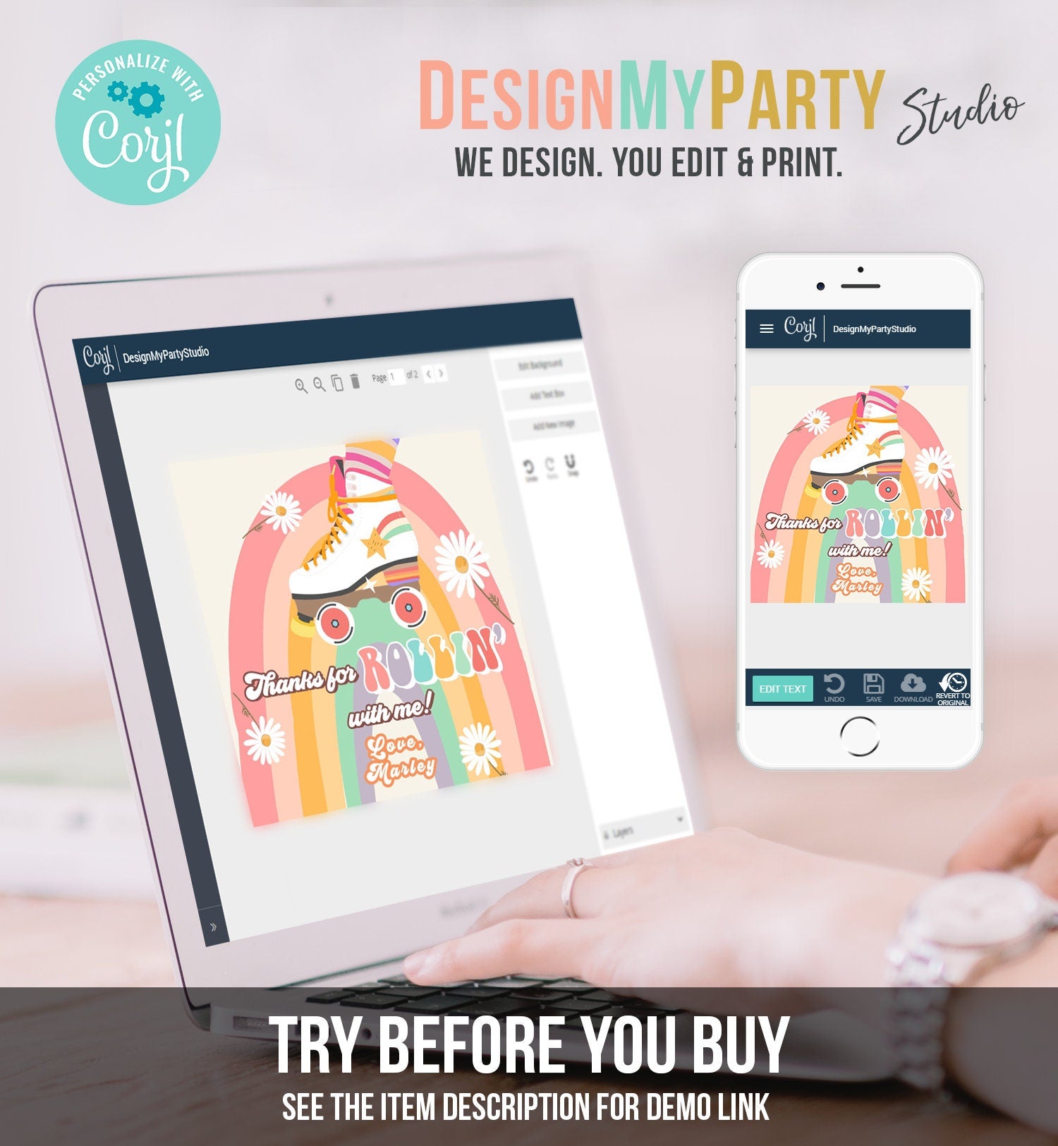 Editable Roller Skating Favor Tag Roller Skate Birthday Thank You Stickers Retro Skate Party DIsco Download Printable Corjl Template 0435